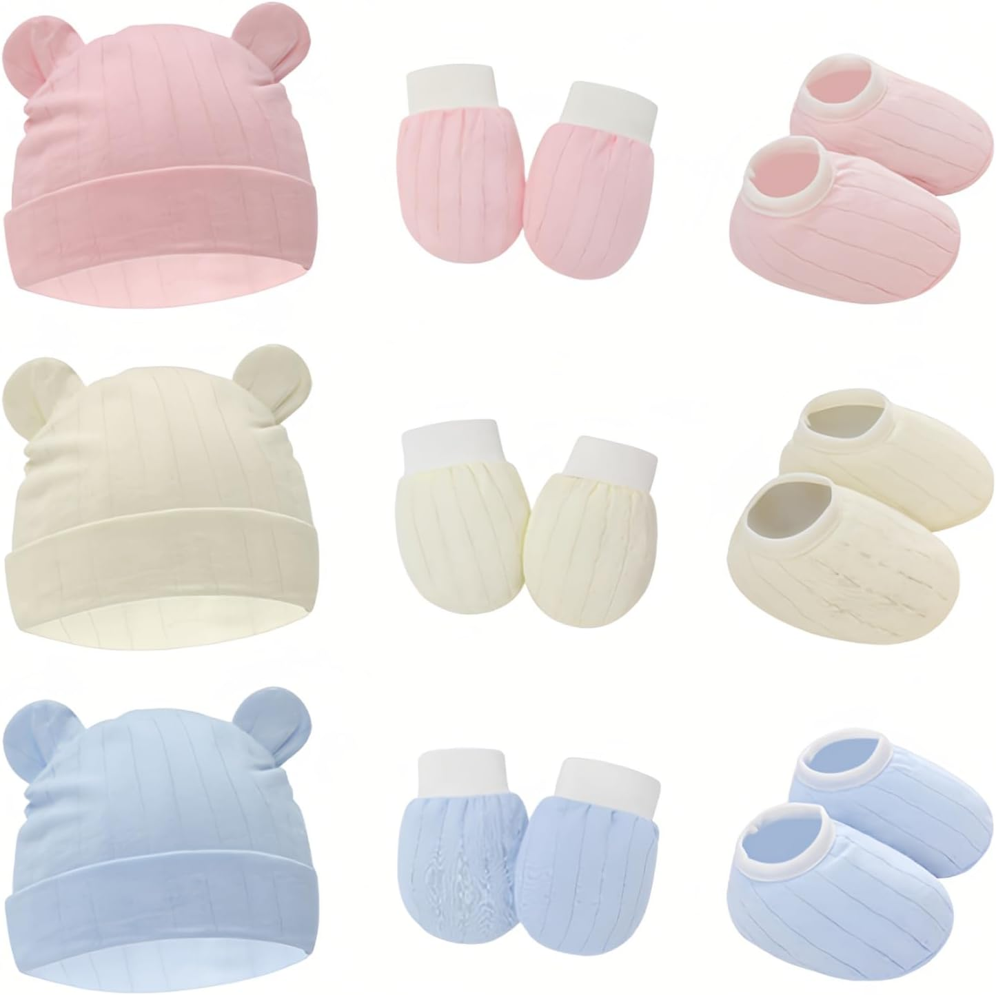 Taoluwin Baby Hats Mittens Socks Set, 3Pcs Cotton Infant Caps with 3 Pair Newborn Baby Mittens and Socks, Newborn Accessories Set