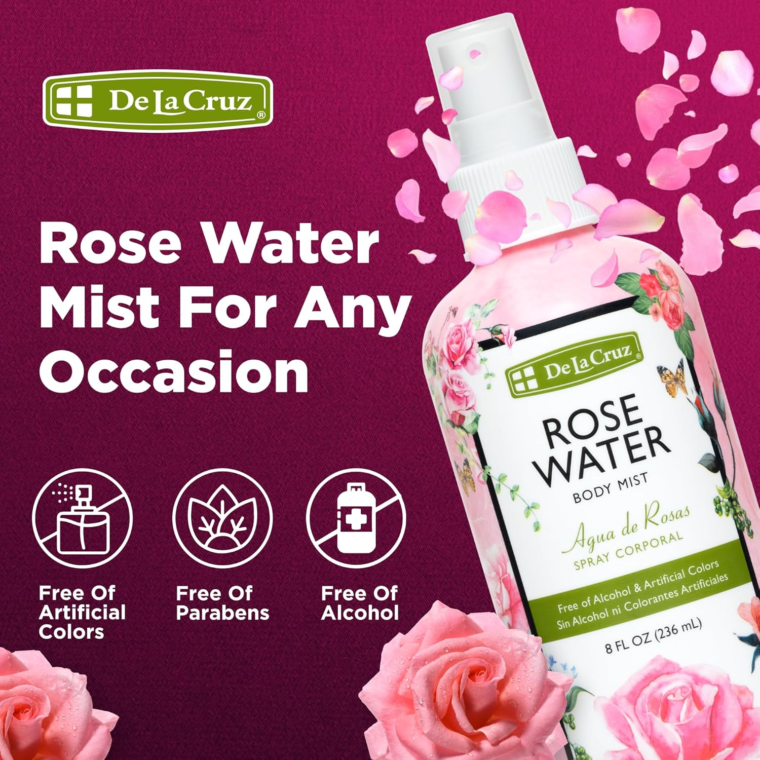 De La Cruz Rose Water Body Mist - Rosewater Spray for Face, Skin and Hair 8 Fl Oz (3 Bottles) image number 2