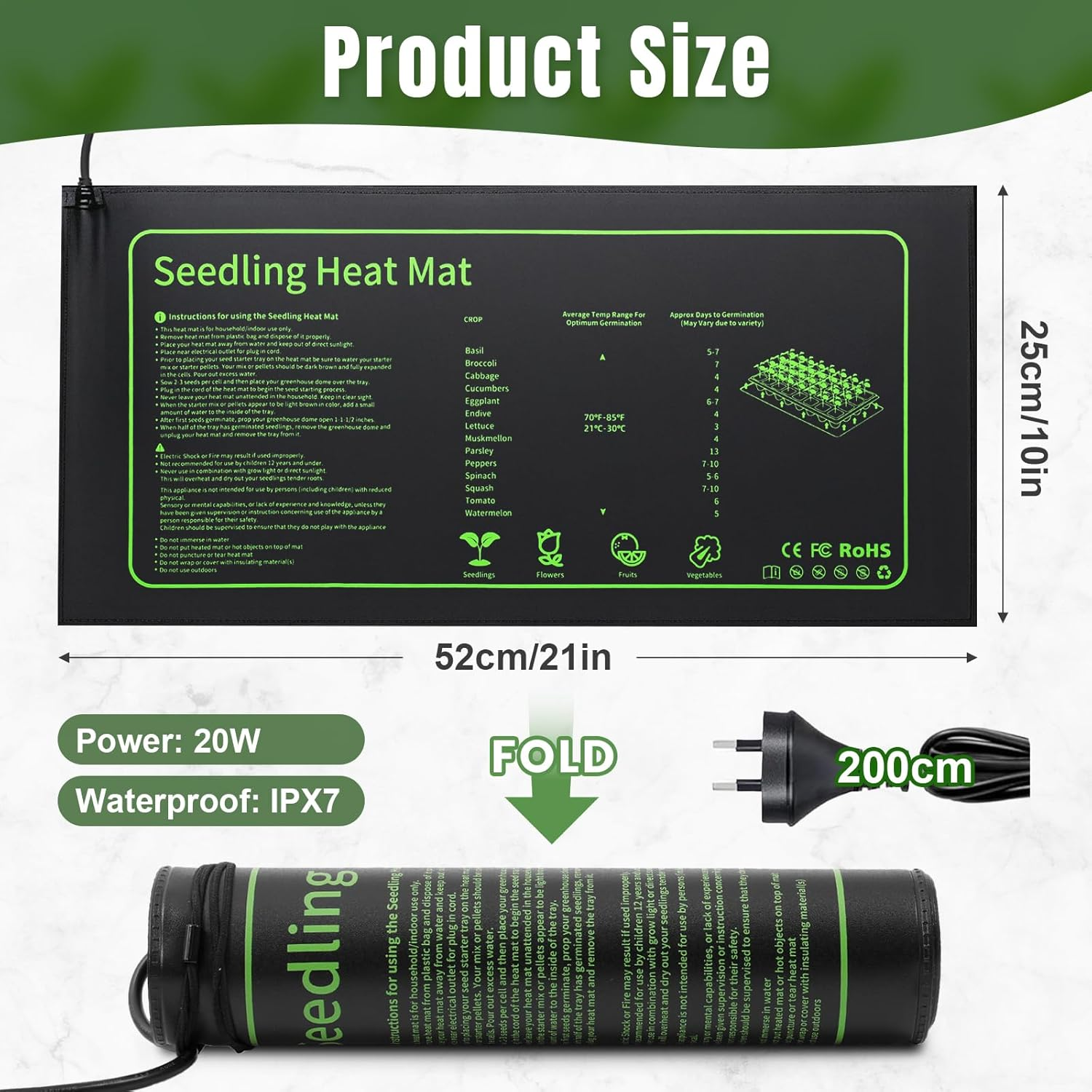 Seedling Heat Mat with Thermostat Controller, 52X25Cm Waterproof Graphene Heating Pad, 20W Hydroponics Indoor Seed Heating Mat, Digital Thermostat Control Monitor for Growing,Brewing