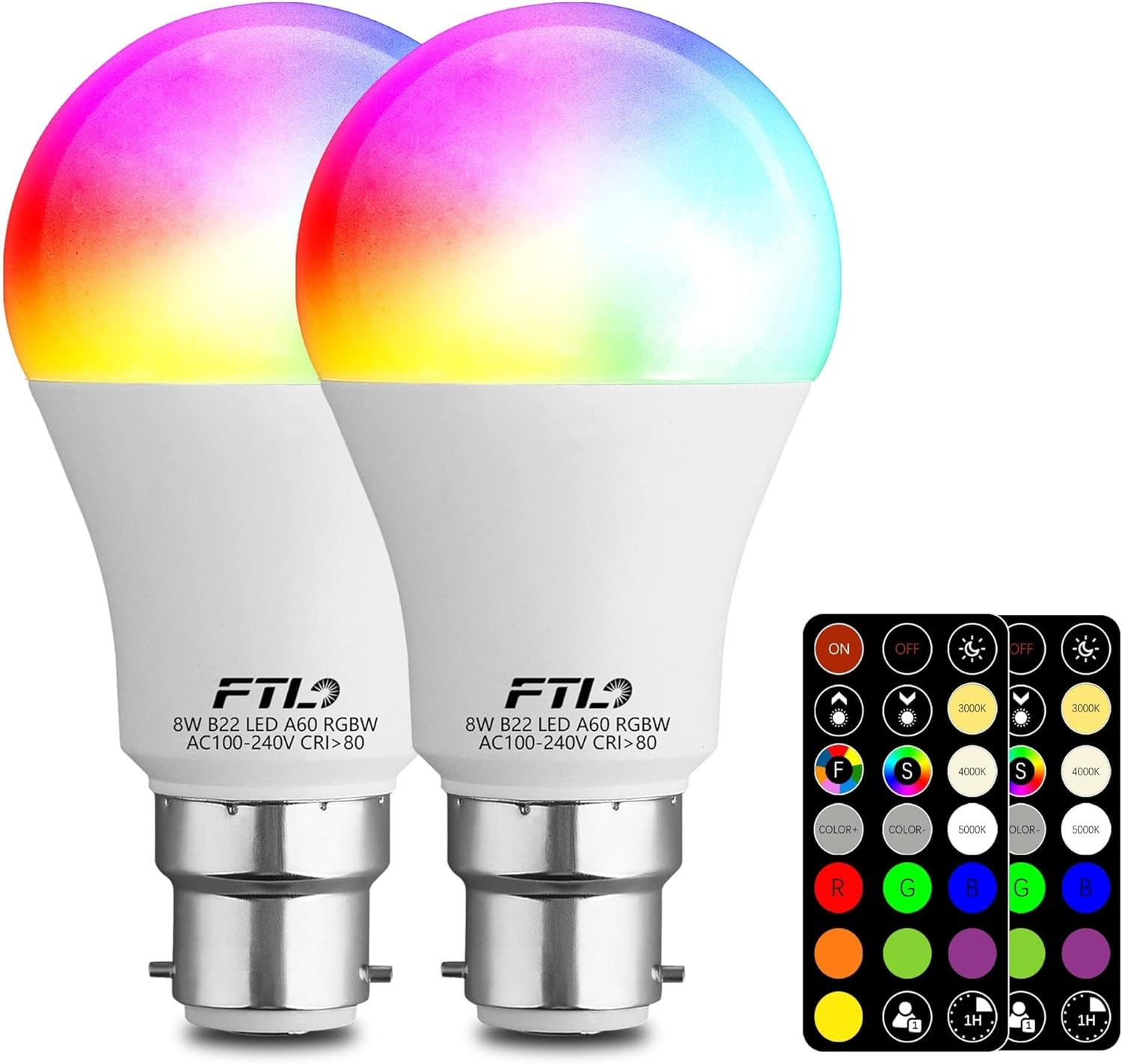 FTL Colour Changing Light Bulb with Remote Control, RGB B22 Bayonet 8W LED Bulb 60W Equivalent Dimmable A60 Multicolour Light Bulb for Home Decoration Party Mood Lighting 2-Pack image number 5