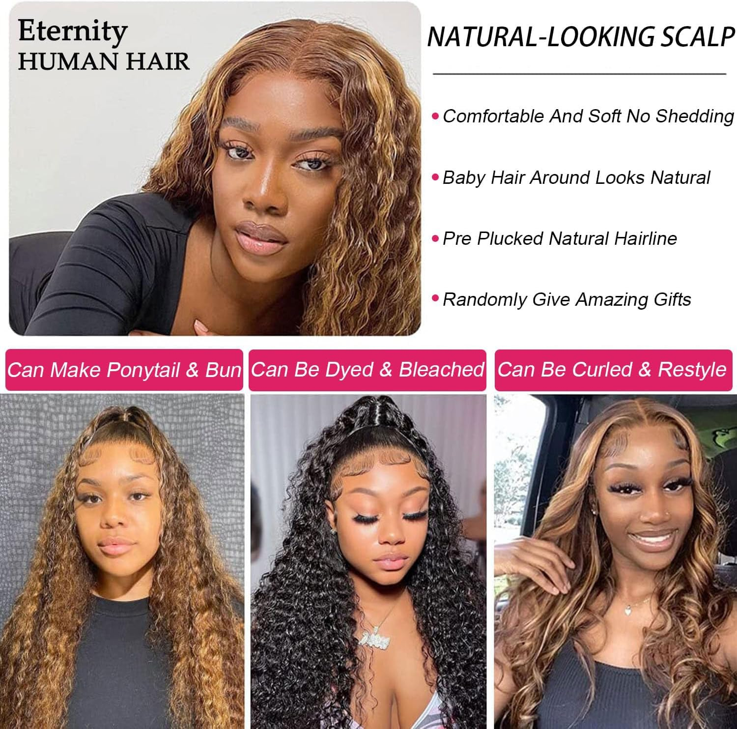 26 Inch Highlight HD Transparent Lace Front Wig Human Hair Pre Plucked 180% Density Glueless Flawless Hairline Curly Human Hair Wigs for Black Women 4/30 Coloured Wigs image number 5