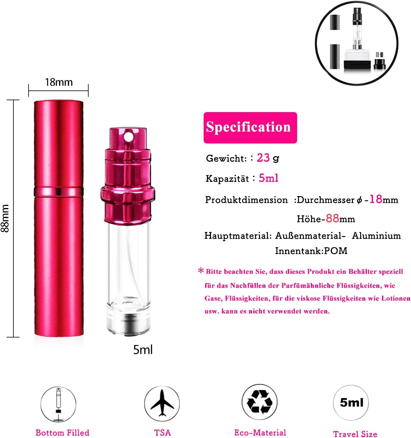 Asanana Perfume Atomiser, Refillable, Filling Technology without Funnel, Empty Perfume Atomiser, Spray Bottle for Travel, Handbag, Travel, 5 Ml (Red) image number 3