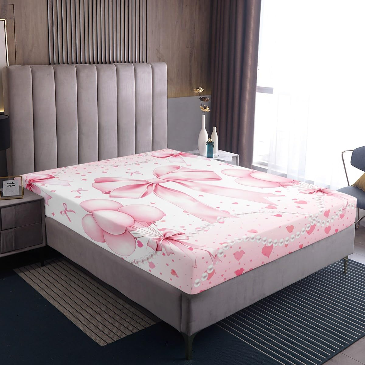 Bow Tie Kids Sheet Queen Size,Fairy Sweet Romantic Easy Wash Bedding Set,Kawaii Bow Tie Girly Kids Room Decor,White & Pink Sheet(Fitted+Flat+2 Pillowcases)