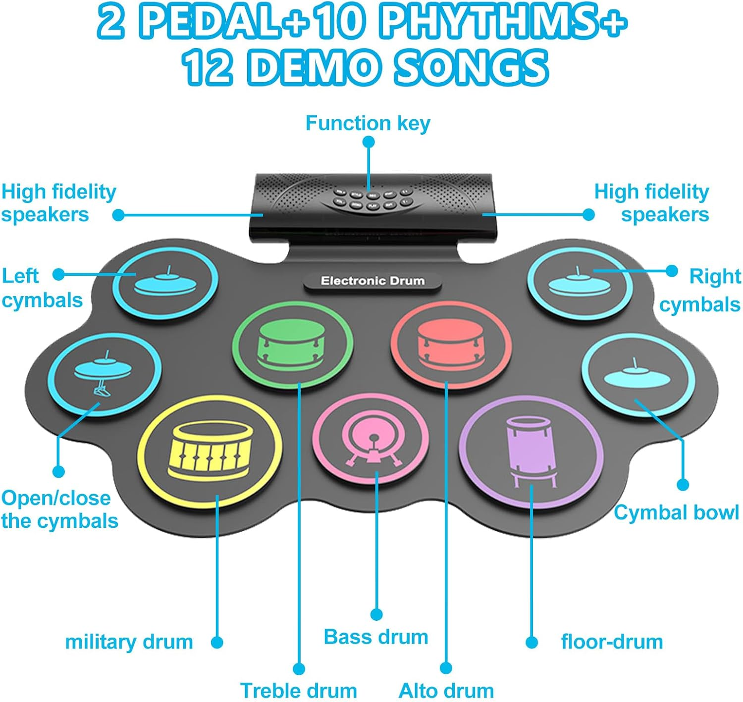Electronic Drum Set, 9 Practice Drum Pads,Roll-Up Rechargeable Drum Set,Portable Digital Midi Practice Drum Pad for Beginners, Plus image number 1