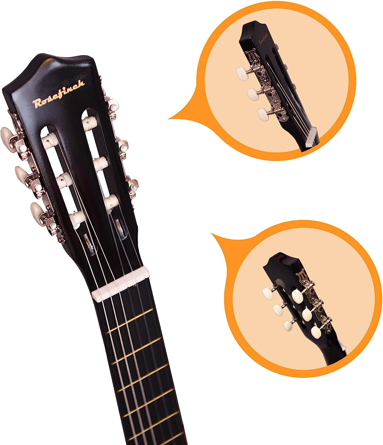 30 Inch Classical Guitar Kits for Beginner Kids & Adults Rosefinch 6-String Acoustic Guitar with Bag Capo Strap Picks Tuner Nylon String (Black) - Black image number 7
