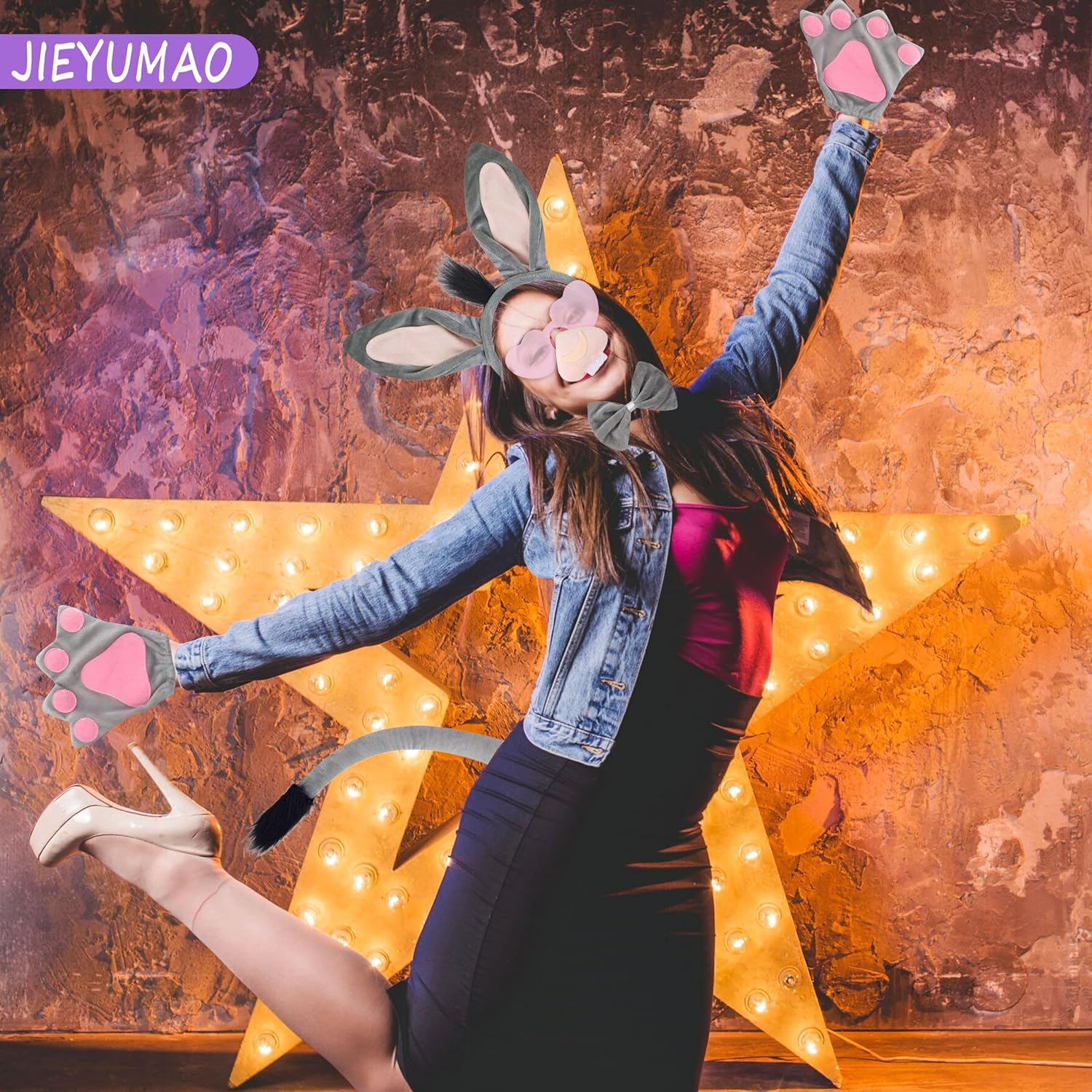 JIEYUMAO Donkey Costume Set, Donkey Costume Accessory for Women Men, Grey Donkeys Costumes with Donkeys Ears Headband Sunglasses Nose Tail Paws Bow Tie for Halloween Cosplay Party image number 1