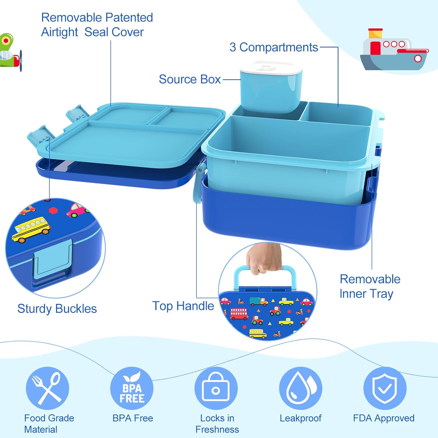 Hombrima Kids Lunch Box, Bento Boxes Food Storage Container with Multi-Compartments for Boys Girls Children Toddler Adult Work School - Blue image number 5