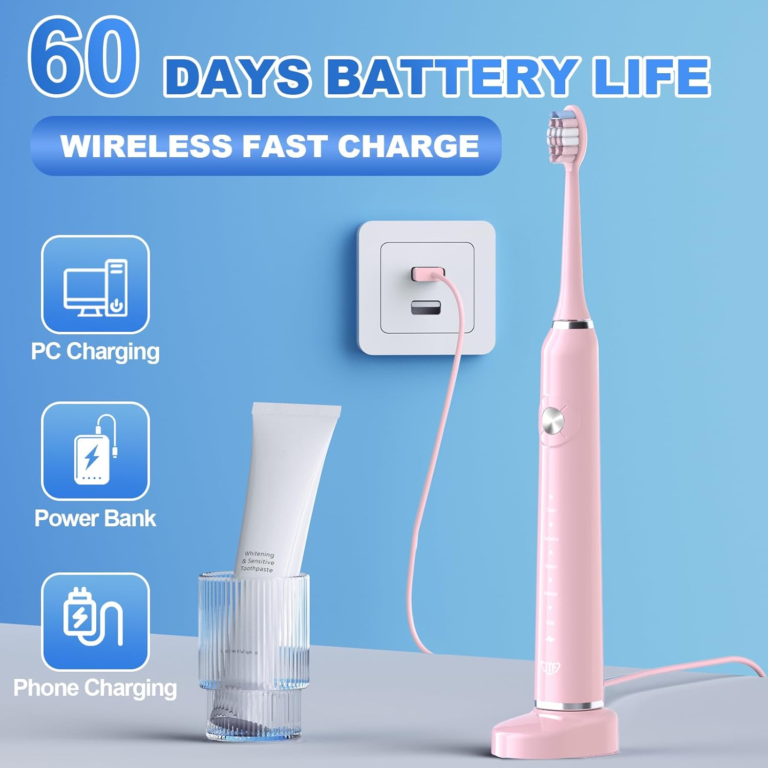 JTF Sonic Electric Toothbrushes for Adults，6 Brush Heads, 5 Modes, 60-Day Battery, Ipx7 Waterproof, 2 Mins Smart Timer, Toothbrush Holder, Travel Case, Portable Rechargeable Toothbrush，Pink image number 6