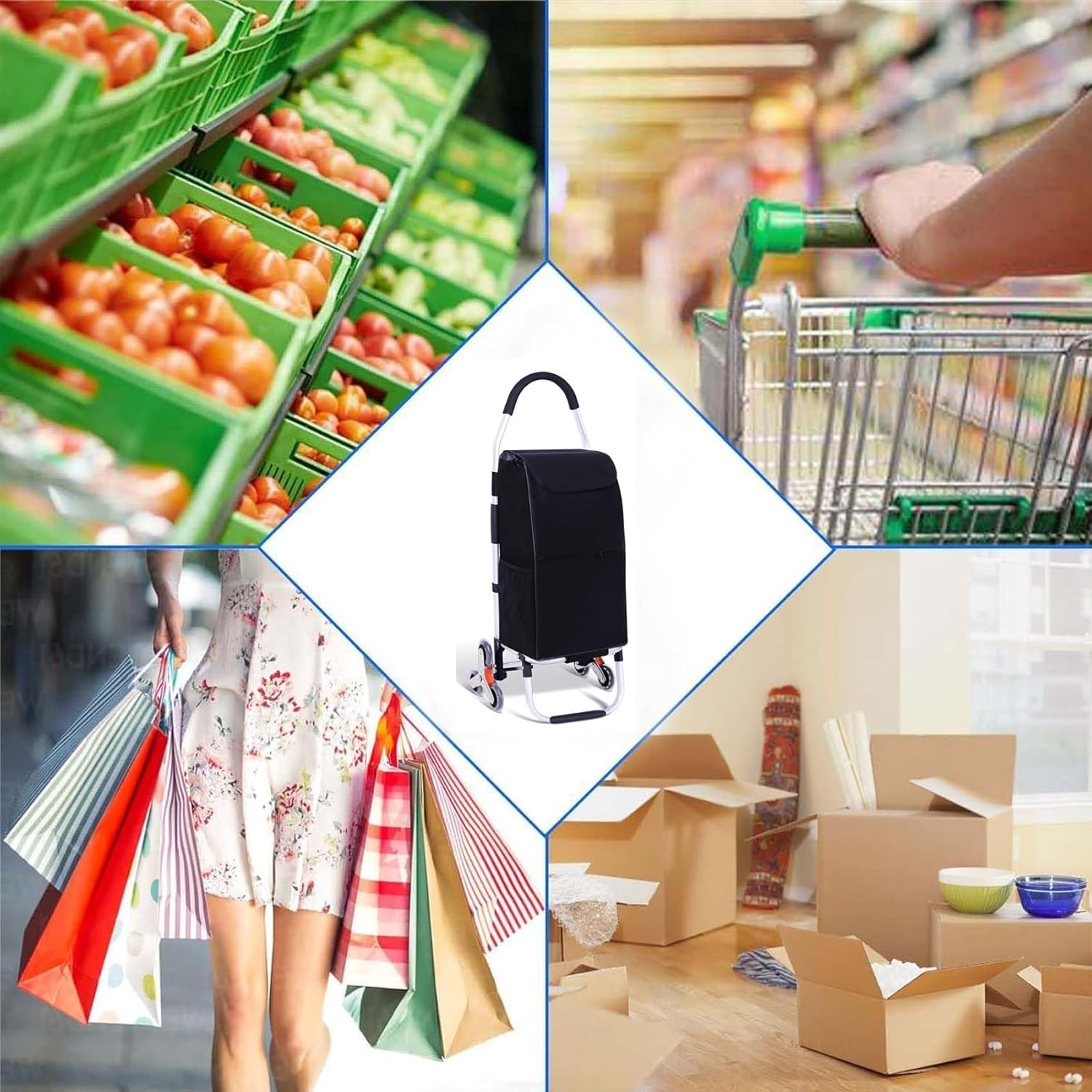 Shopping Trolley Cart, Foldable Rolling Dolly with 6 Climbing Stairs Wheels and Removable Bag for Groceries, Shopping, Camping, Laundry, 33 * 28 * 103Cm Black image number 2