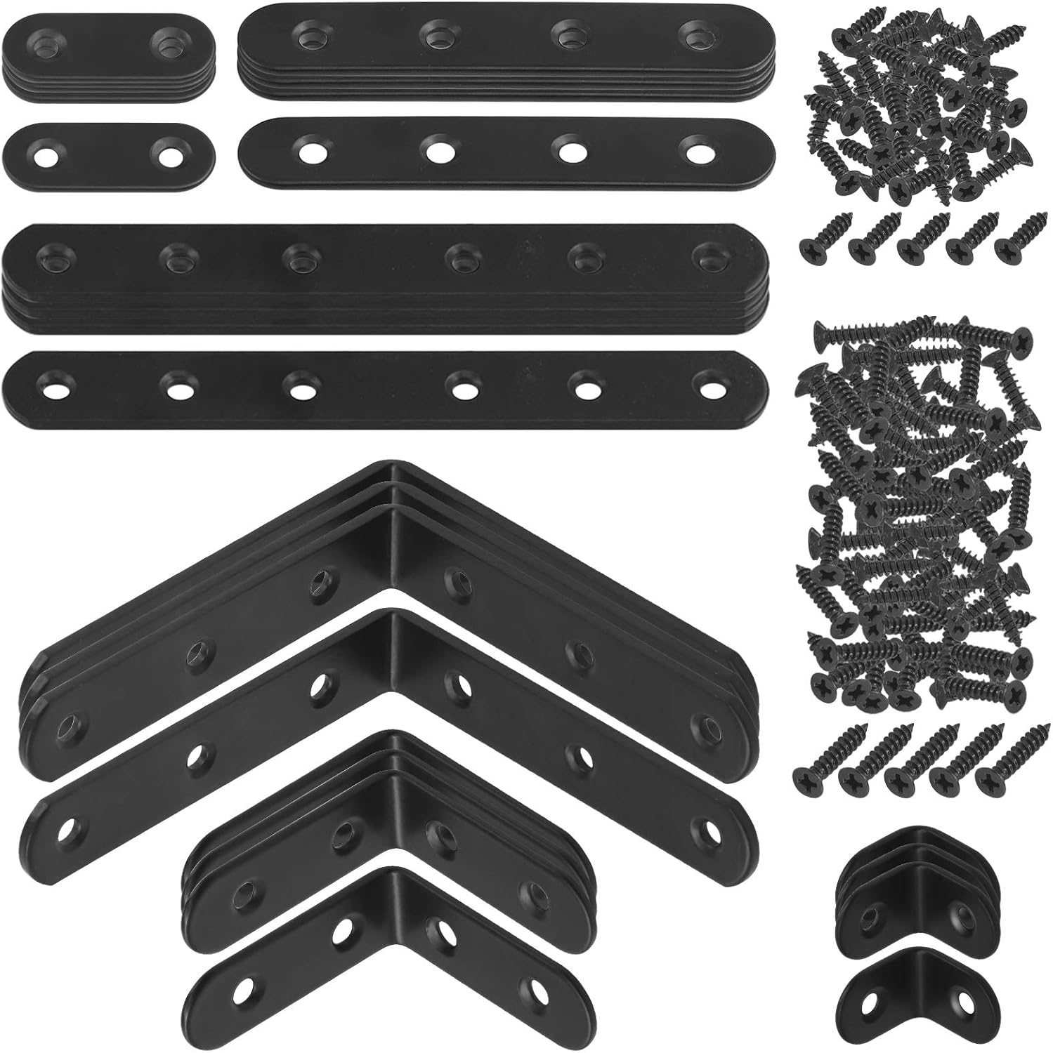 Mardatt 24 Sets Black Corner Braces L Brackets and Straight Braces Mending Plates Heavy Duty Assortment Kit with Screws Fasteners for Wood Shelf Chair Cabinet Furniture (20/50/100Mm,40/100/160Mm) image number 5
