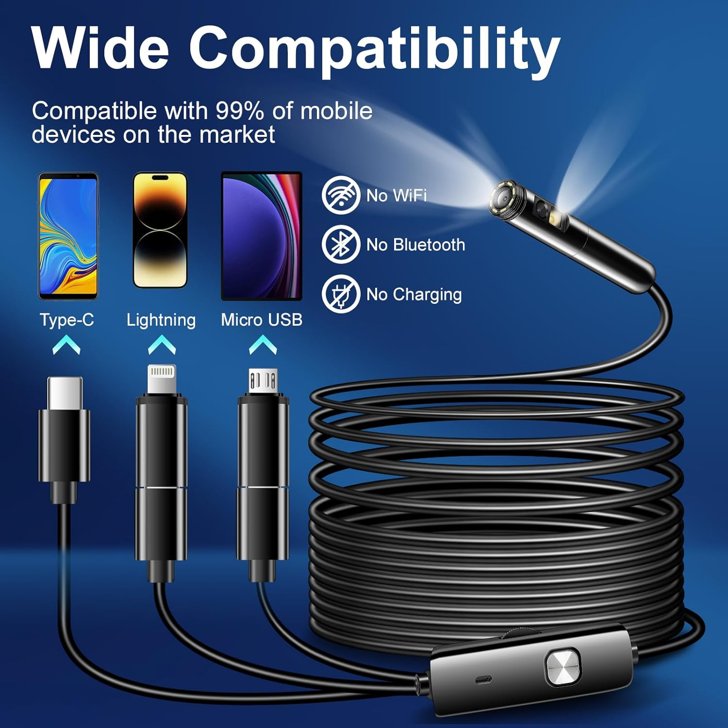 [Dual Lens] Endoscope Inspection Camera by AURTEC, Dual HD Lens, IP68 Waterproof, 11.5FT/3.5M Semi-Rigid Cable, Borescope Camera with LED Lights, Compatible with Android and Ios Devices