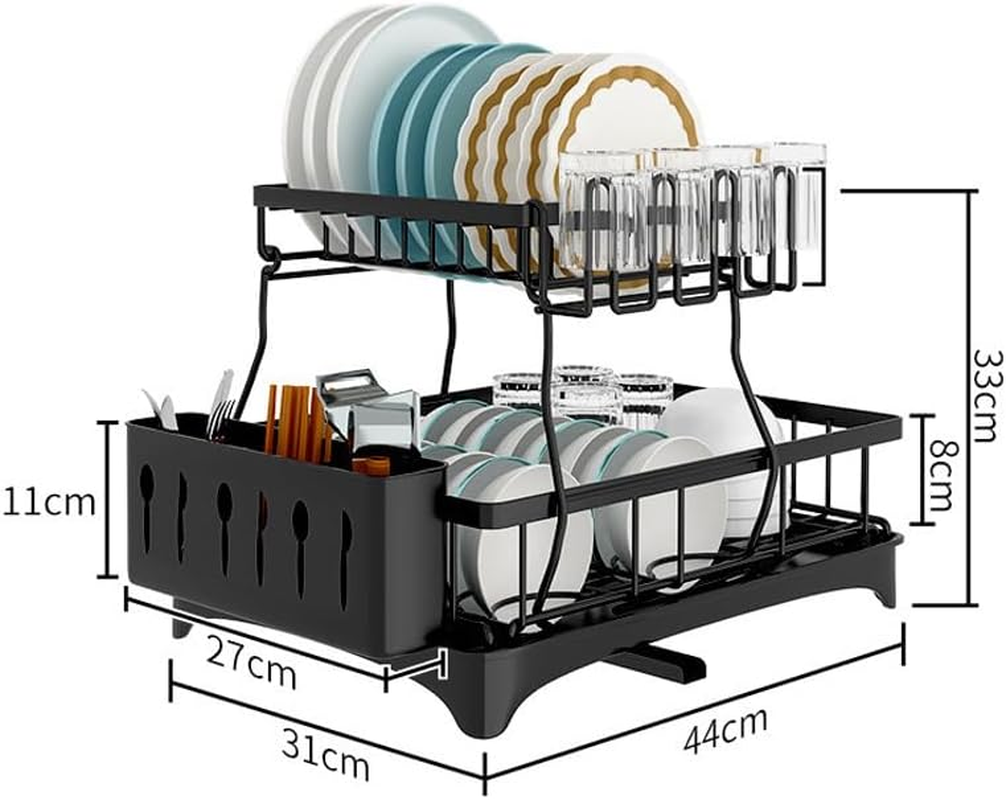 2 Tier Dish Drying Rack, Stainless Steel Dish Rack with Rotating Drainer Board, Durable Large Plate Rack with Cutlery Holder and Cup Rack for Kitchen Storage & Organisation (Black-02) image number 5