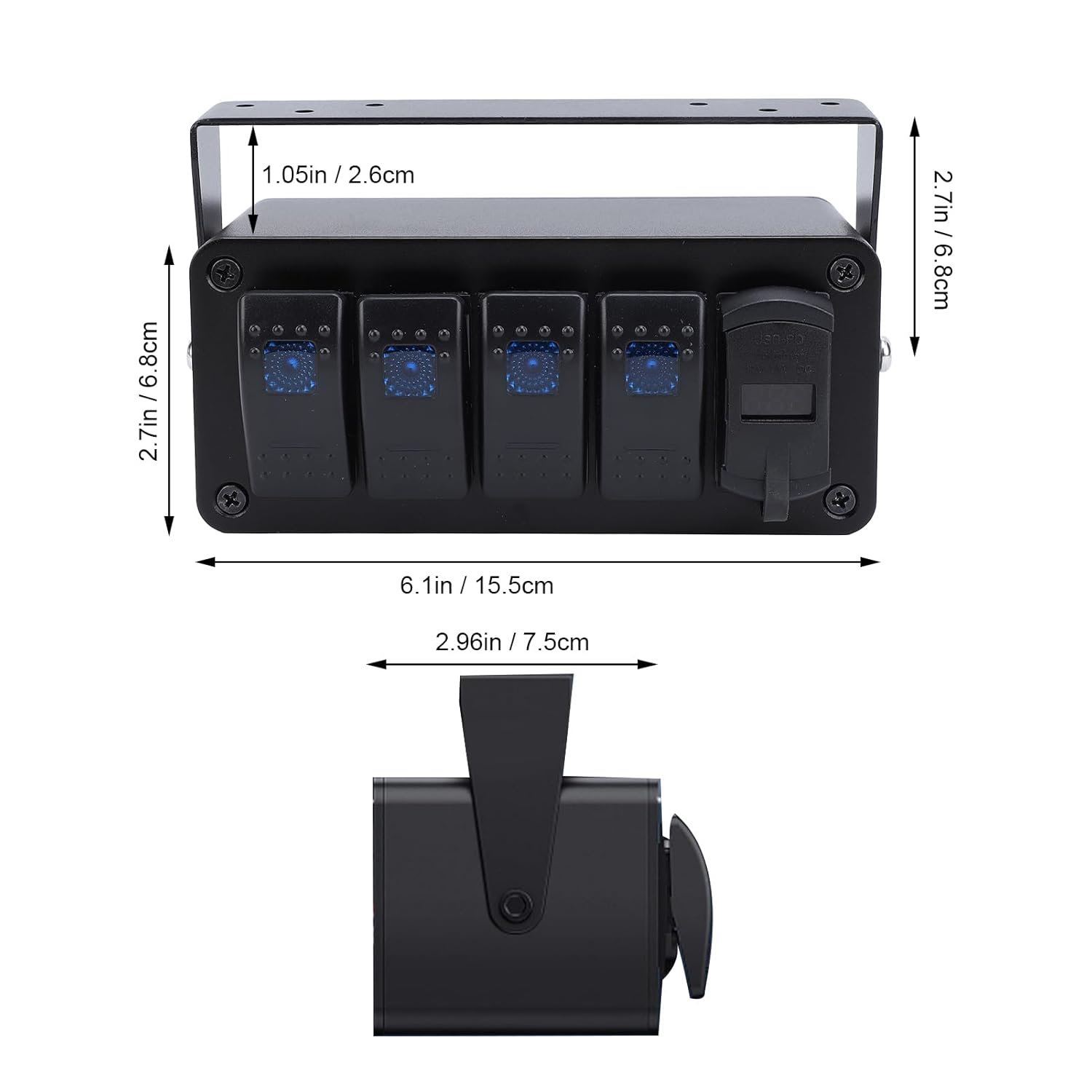 4 Gang Rocker Switch Panel, Waterproof Marine Boat Toggle Rocker Switch Box, PD Type C & QC 3.0 USB, Aluminum Alloy Switch Panel Box for Automotive, Truck, RV, UTV (Blue Light) image number 3