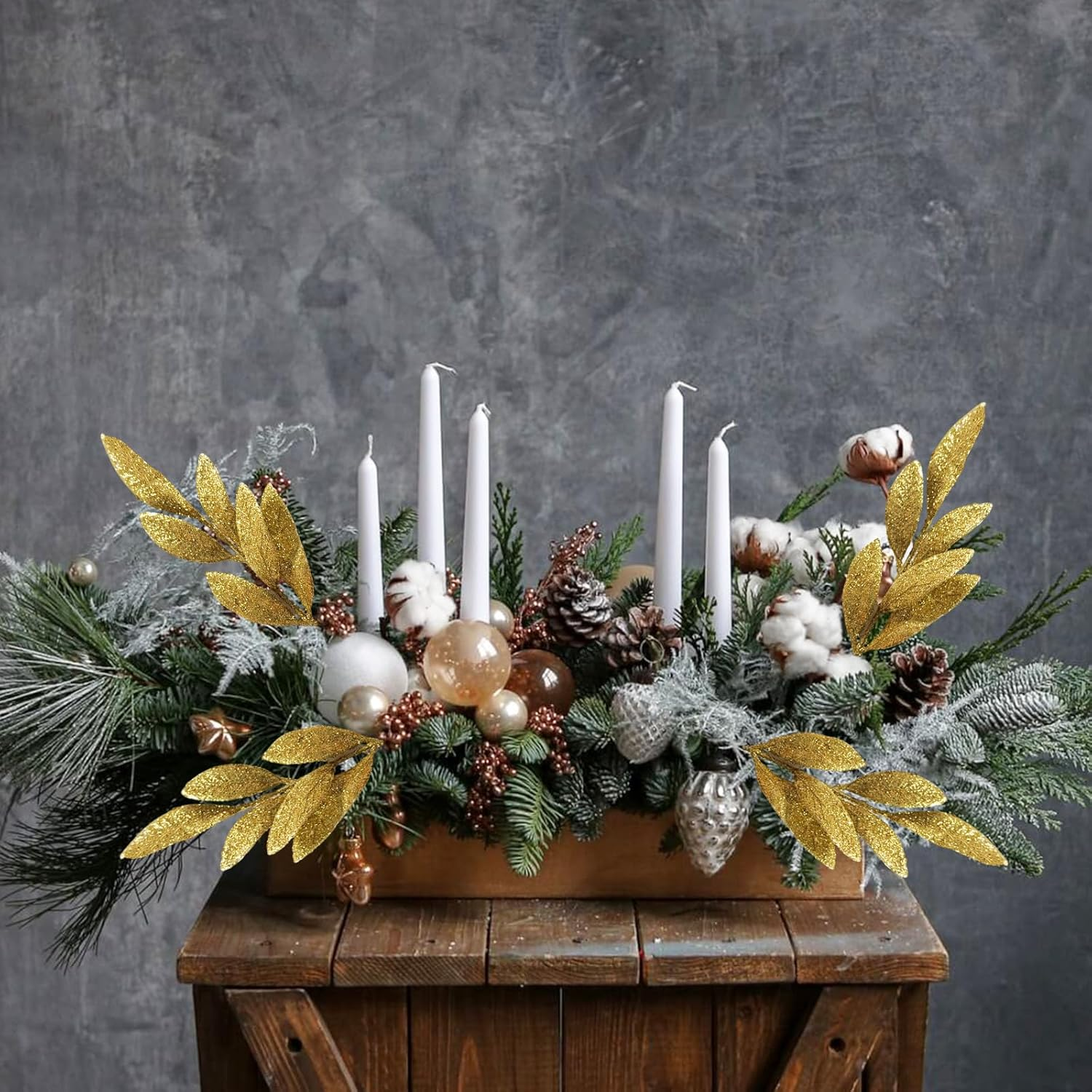 24 Pcs Artificial Glitter Gold Leaves, 13" Glittered Christmas Gold Flowers Leaf Sprays for Christmas Tree Picks, Wreaths, Table Decorations image number 4