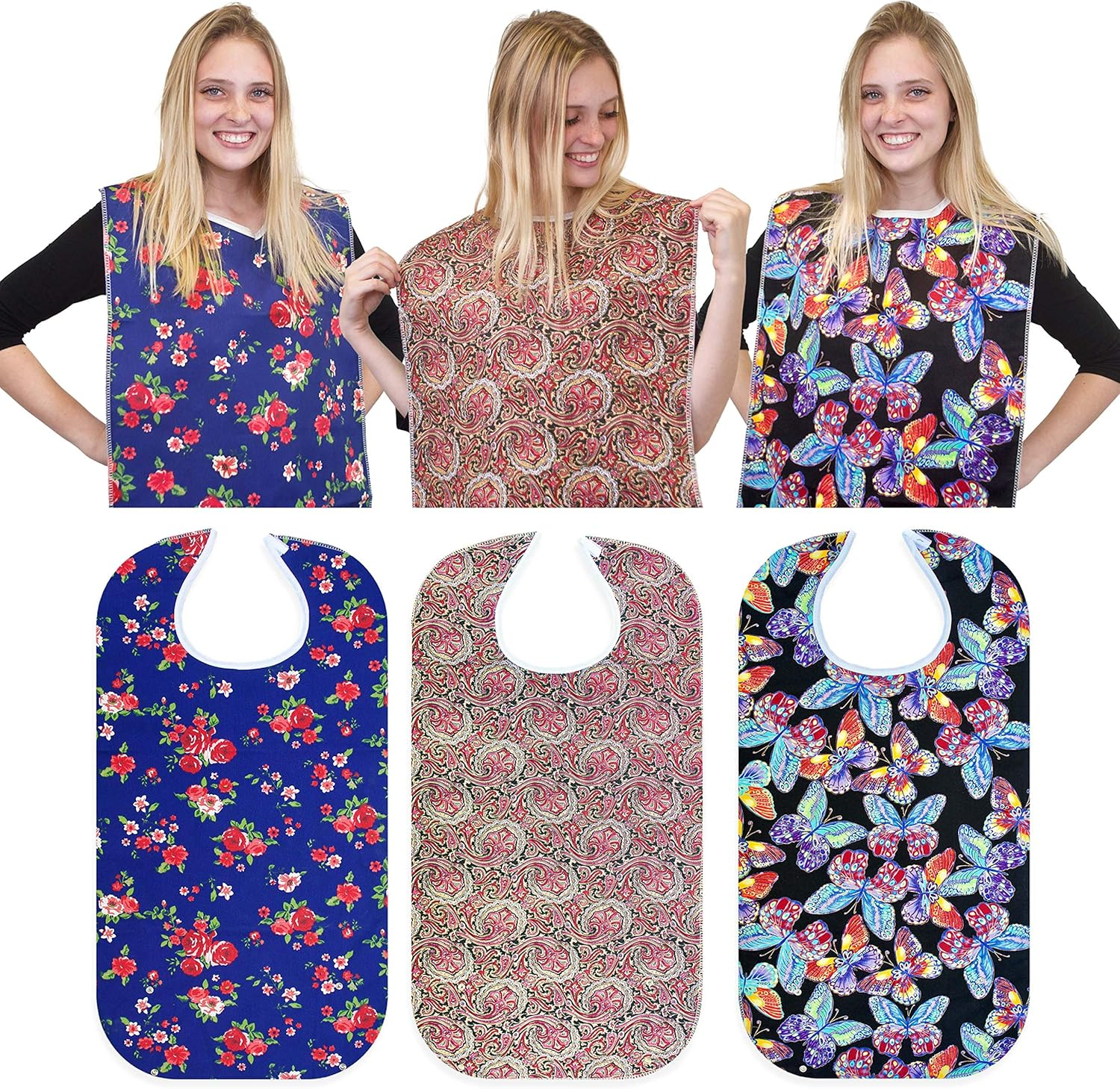 RMS 3 Pack Adult Bib Washable Reusable Waterproof Clothing Protector with Optional Crumb Catcher and Vinyl Backing 34"X18" (Butterfly/Blue Rose/Heritage) image number 5