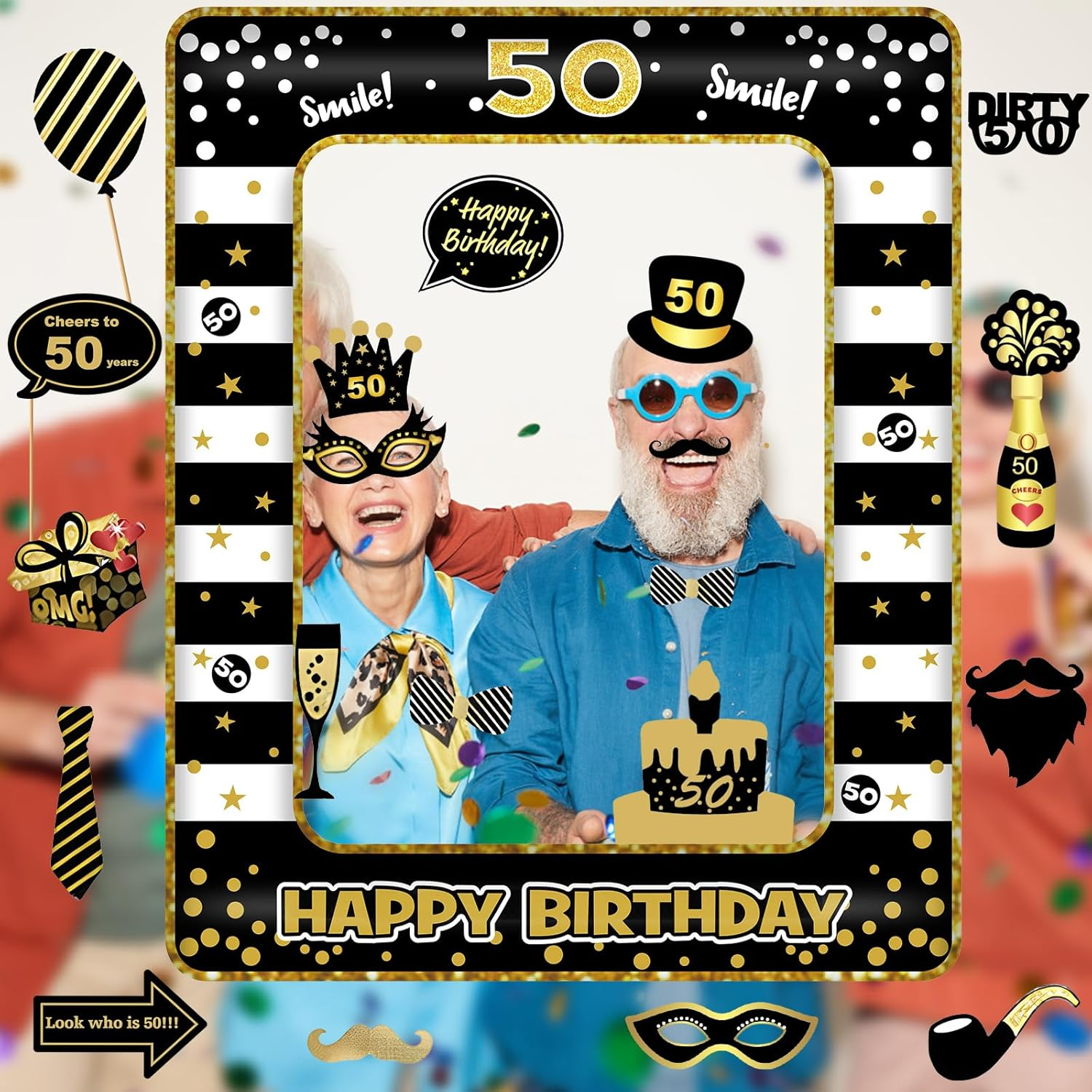 50Th Birthday Photo Booth Props and Inflatable Selfie Frame, 35 Pcs 50Th Funny DIY Birthday Party Props for Women Men, Black Gold Inflatable Party Photo Booth Frame image number 2