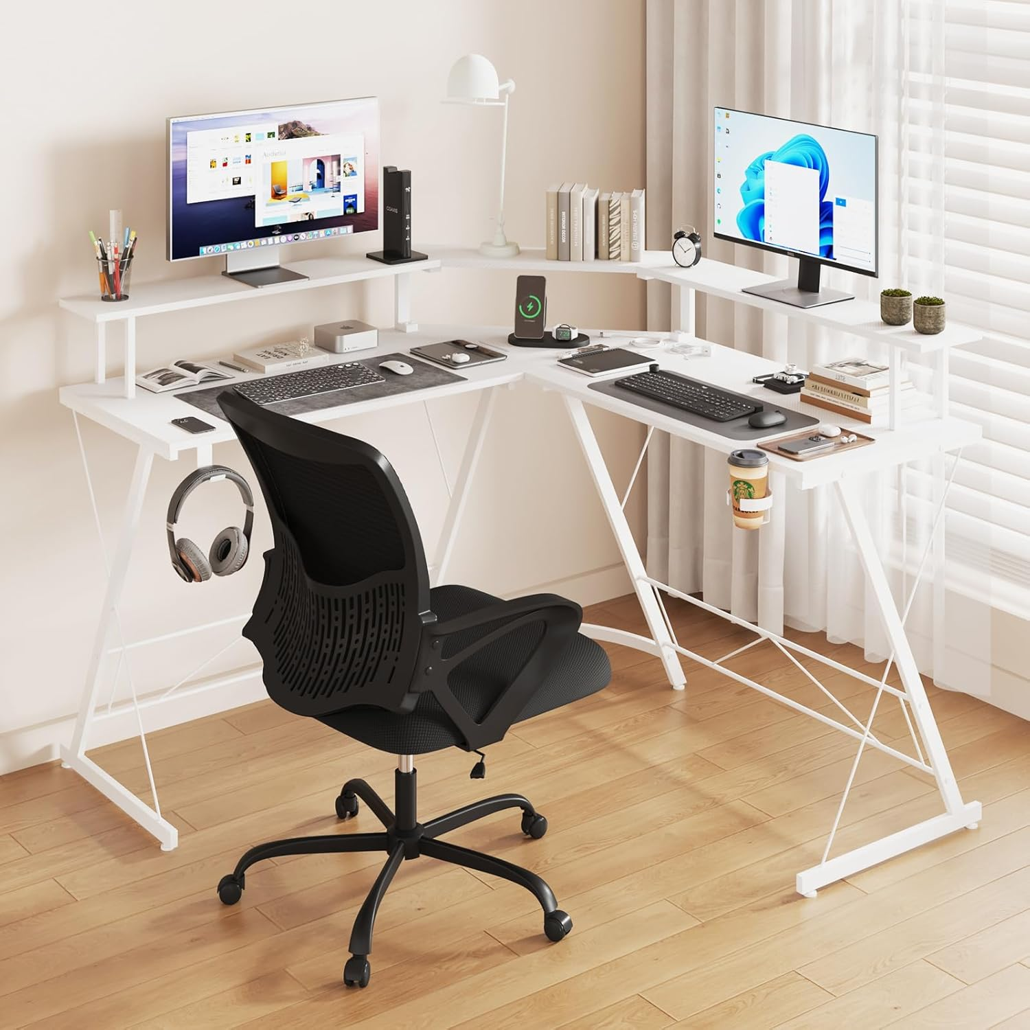 Advwin L Shaped Gaming Desk with LED Lights & Power Outlets Computer Corner Desk with Monitor Stand Gaming Table with Hook White