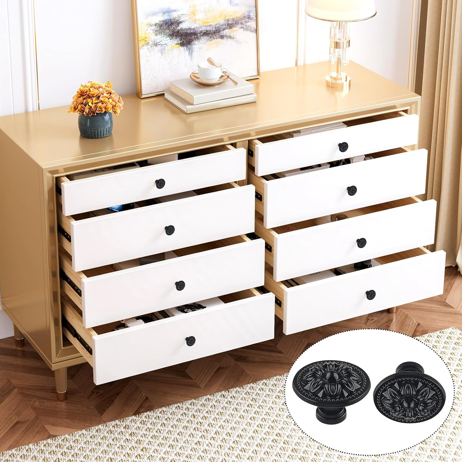 Ynewl Pack of 12 Vintage Furniture Handles, 30 Mm round Furniture Knobs with Screws Screwdriver, Floral Pattern Cabinet Knobs - Used for Cupboards, Wardrobes, Furniture and Hardware Handles (Black image number 4