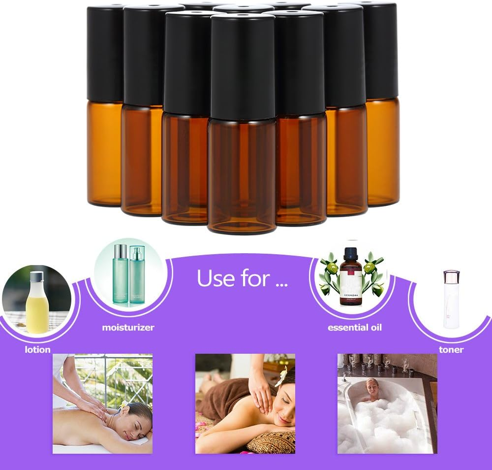 RAYWE 10 Pcs 5Ml Essential Oils Roller Bottle Amber Glass Roll-On Bottles Stainless Steel Roller Ball Essential Oil Jar with 3Ml Dropper