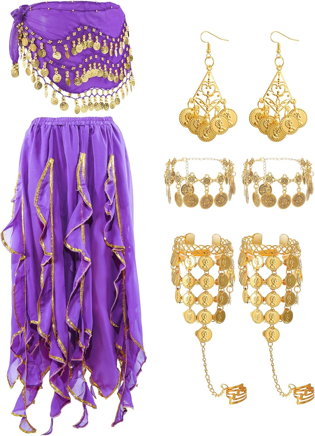 Haysandy 8 Pcs Belly Dance Outfit Sets Women,Belly Dance Skirt, Hip Scarf, 2 Bracelets, Earrings, Anklet Bracelet image number 2