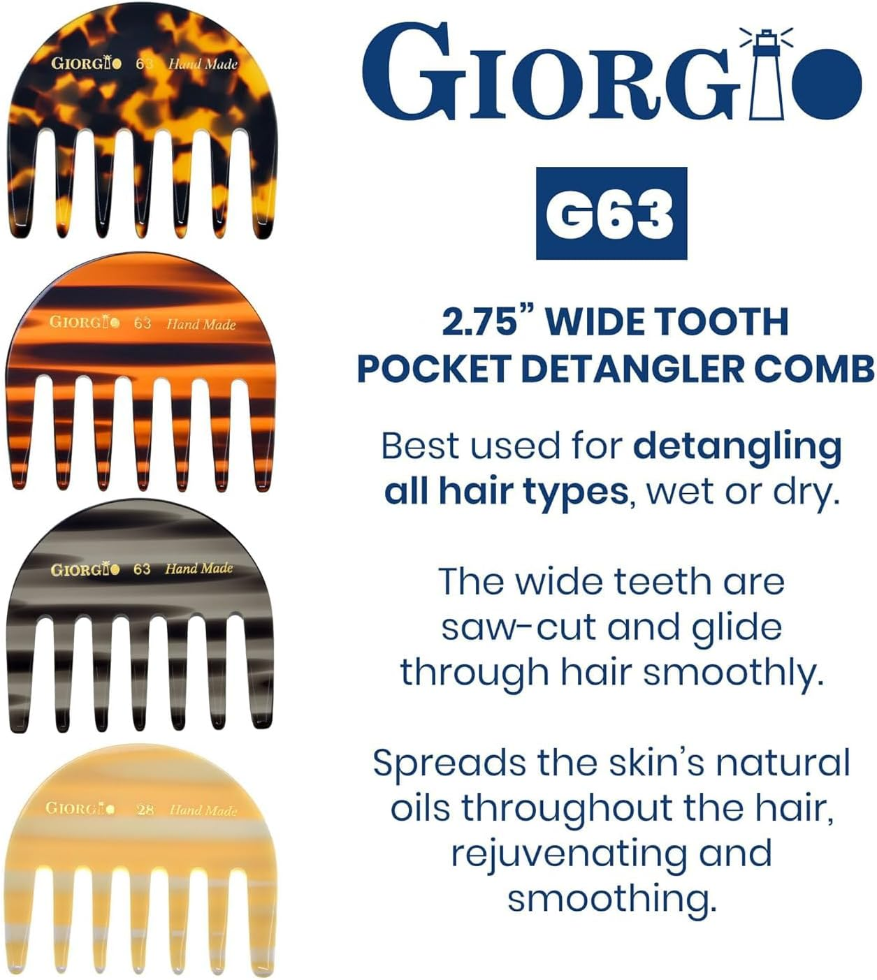 Giorgio G63 Graphite Detangling Comb for Women - Wide Tooth, Pocket and Travel Size for Thick Hair, Wet or Dry Everyday Hair Care. Handmade, Saw-Cut, and Polished Wide Tooth Comb for Women. image number 6