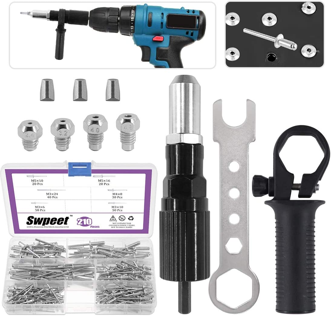 Swpeet 211Pcs Black Alloy Steel Electric Rivet Gun Adapter Kit, Including 2.4/3.2/4.0/4.8Mm Diameter Rivet Head and Handle Wrench with 500Pcs Aluminum Blind Rivet Kit image number 6