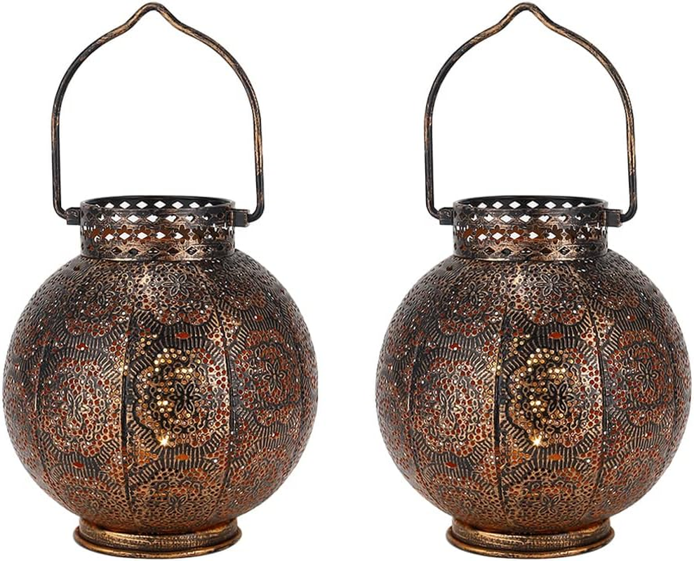 TRIROCKS Set of 2 Moroccan Decorative Lamps 7'' High Battery Powered Cordless Lamp Metal Table Lamps with Fairy Lights Bulb for Home Living Room Garden Yard Party Events Tabletop Indoor Outdoor(Brown) image number 1