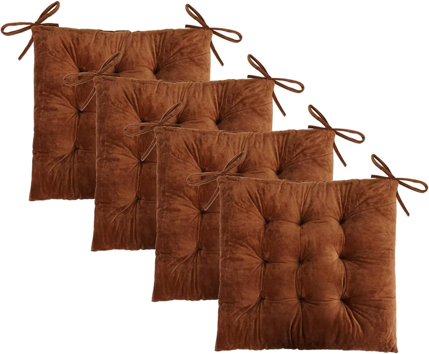 4 Pack Square Seat Cushion Chair Pads for Kitchen Dining Chairs, Soft Comfort Velvet Chair Mat Pillow Cushions with Ties for Office Desk Living Room Tatami 15.5" (Brown)