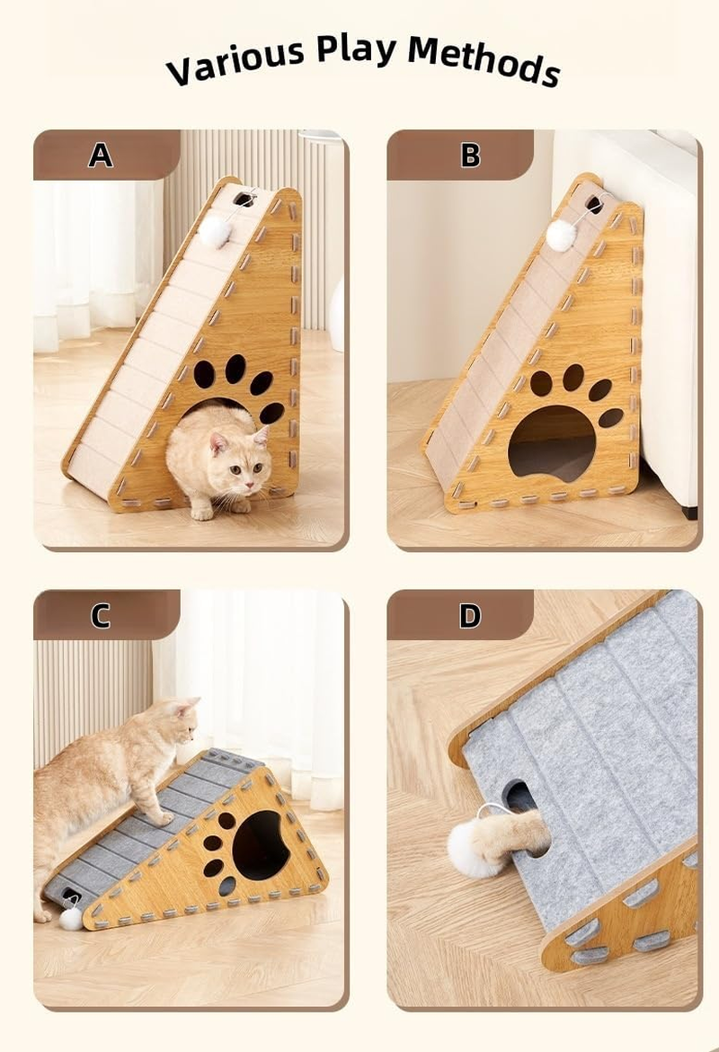 Cat Beds for Indoor Pets, 27" (70Cm) Slope X 23" (60Cm) Base Extra-Large Cat Cave, Cozy House with Fluffy Ball Hanging, Scratch Resistant Felt Kitten Hideaway House, Climbing Slope, Grey image number 4