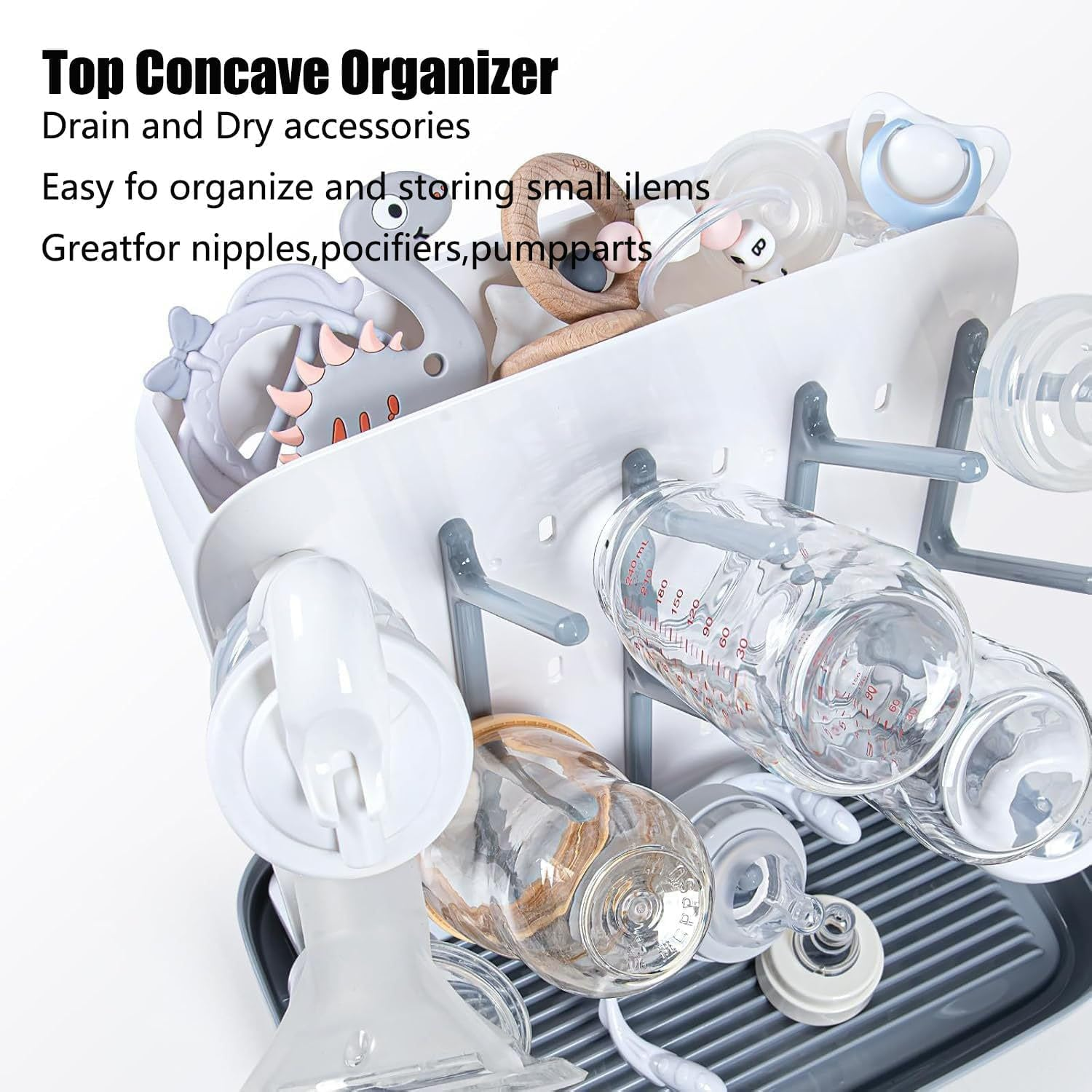 Baby Bottle Drying Rack Space Saving, WADY Large Vertical Baby Bottle Storage Organizer & Bottle Dryer Rack for 12 Pc 8 Oz Bottles and Baby Accessory, Pump Parts, Pacifiers or Brush Stand (Gray) image number 1