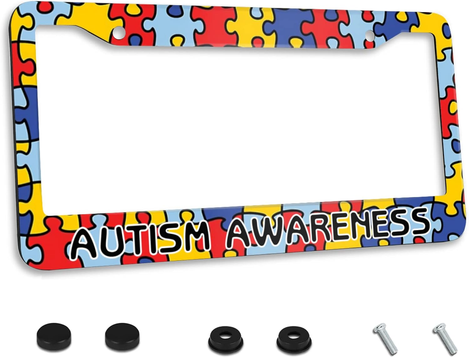 Personalized License Plate Frame Metal Autism Awareness Puzzle License Plate Cover Accessory Decorative 2 Holes and Screws Fits US Standard License Plates Size: 12.2 X 6.3 Inches for Men Women