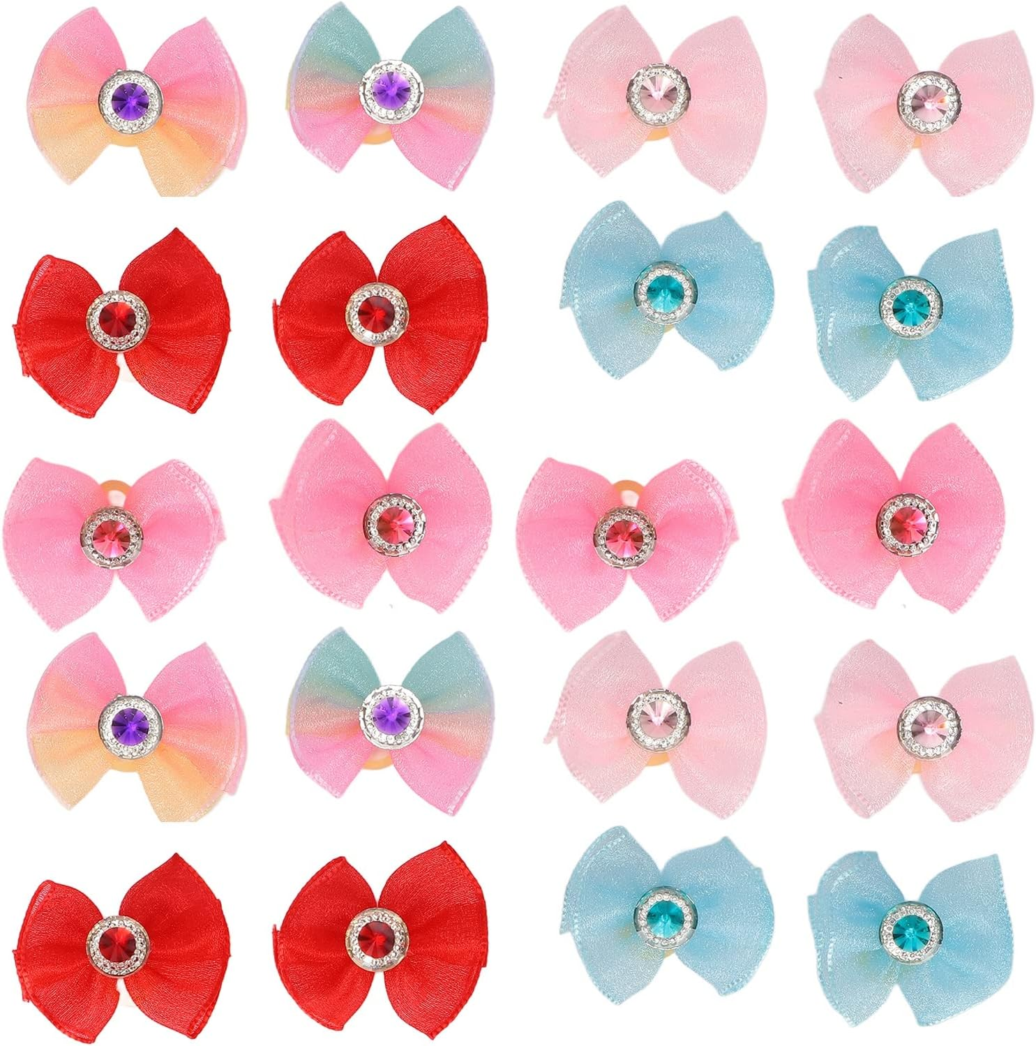 20Pcs Dog Bows, 10 Pairs Yorkie Dog Puppy Hair Bows with Rubber Bands, Elastic Multicolor Rhinestone Beads Cute Pet Small Dog Hair Bowknot Grooming Accessories for Dogs image number 6
