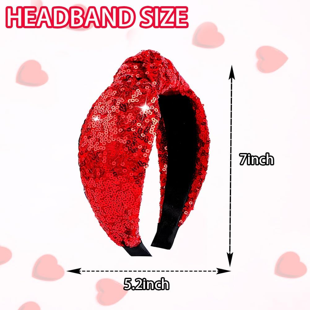 2Pcs Valentine&rsquo;S Day Headbands for Women Sparkle Red & Black Valentines Top Knot Embellished Headband Knotted Hairband Fashion Hair Hoops for Women Girls Valentine Party Gifts Hair Accessories image number 6