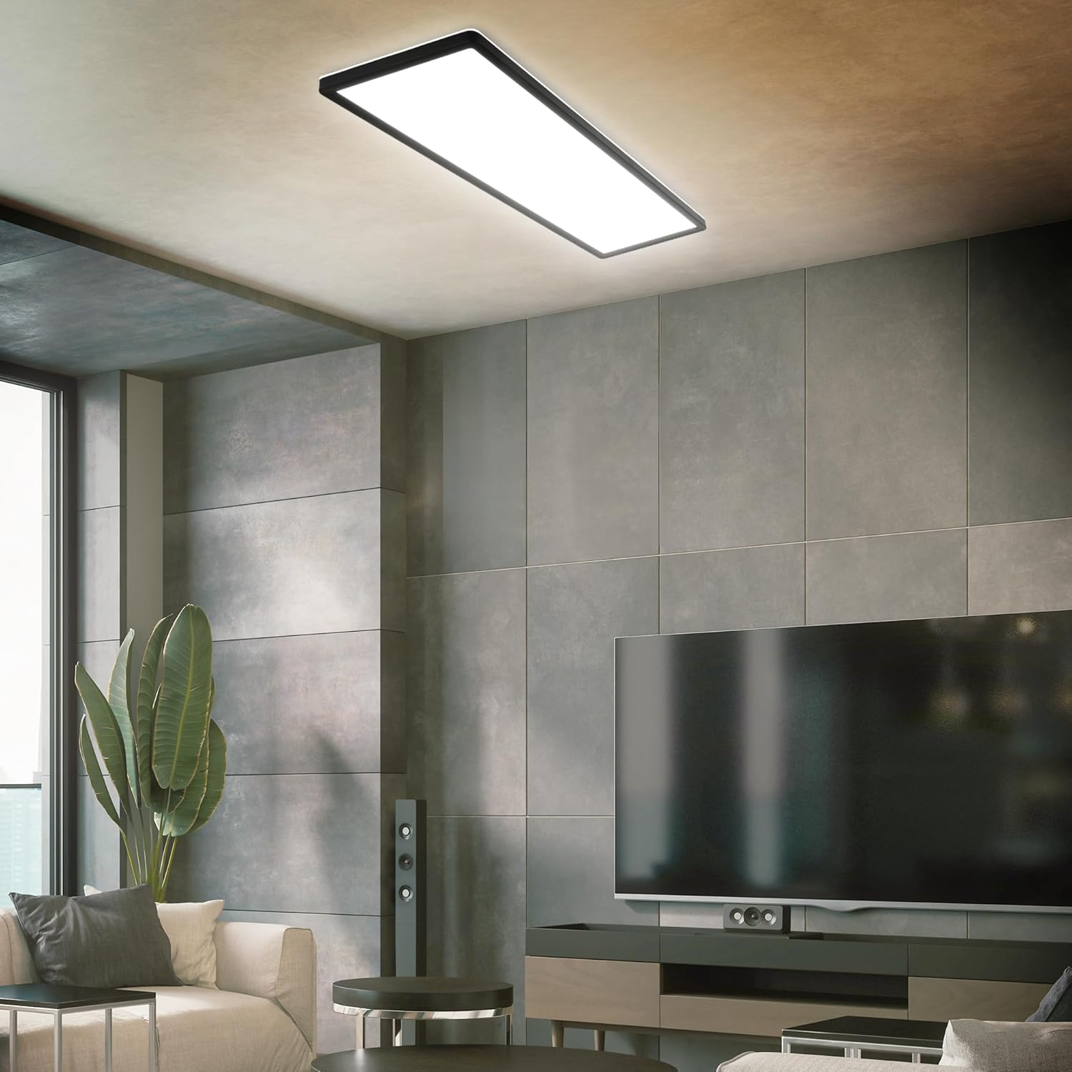 BRILONER - LED Ceiling Light with Indirect Light, 58 X 20 Cm, Flat, 22 W, 3,000 Lm, Neutral White Light Colour, Living Room, Ceiling Light, Living Room Lamp, LED Panel, Kitchen Lamp, Bedroom, Black - White image number 5