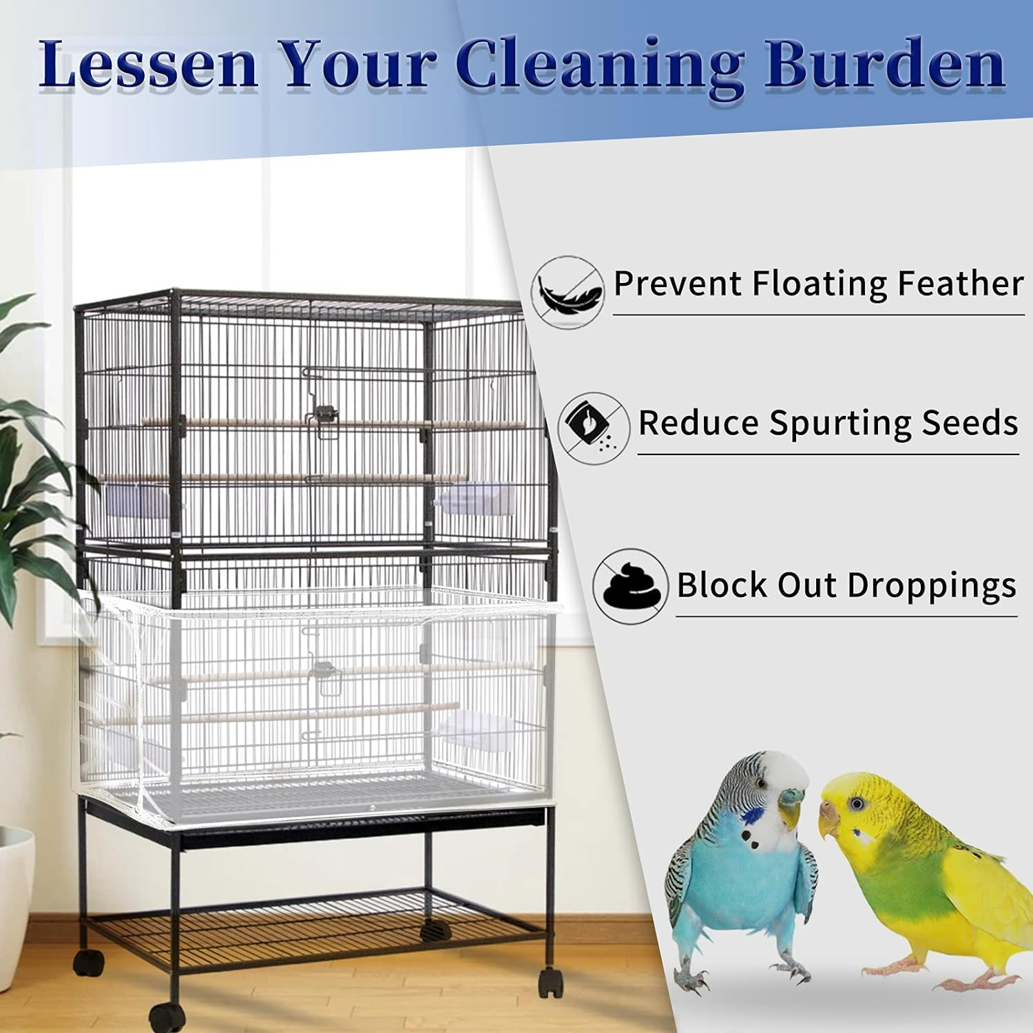 Large Bird Cage Cover, Daoeny Bird Cage Seed Catcher, Adjustable Soft Airy Nylon Mesh Net, Birdcage Cover Skirt Seed Guard for Parrot Parakeet Macaw African round Square Cages (White) - Black, Daisy Design image number 3
