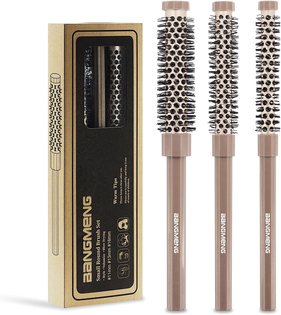 BANGMENG 3 Pieces Small round Brush Set, 3/7 1/2 5/8 Inch Barrel Hairbrush for Blow Drying, Soft Bristles Style Volumize Hair Brush for Women Men Short Hair, Bangs, Roots, Curling, Straight image number 1