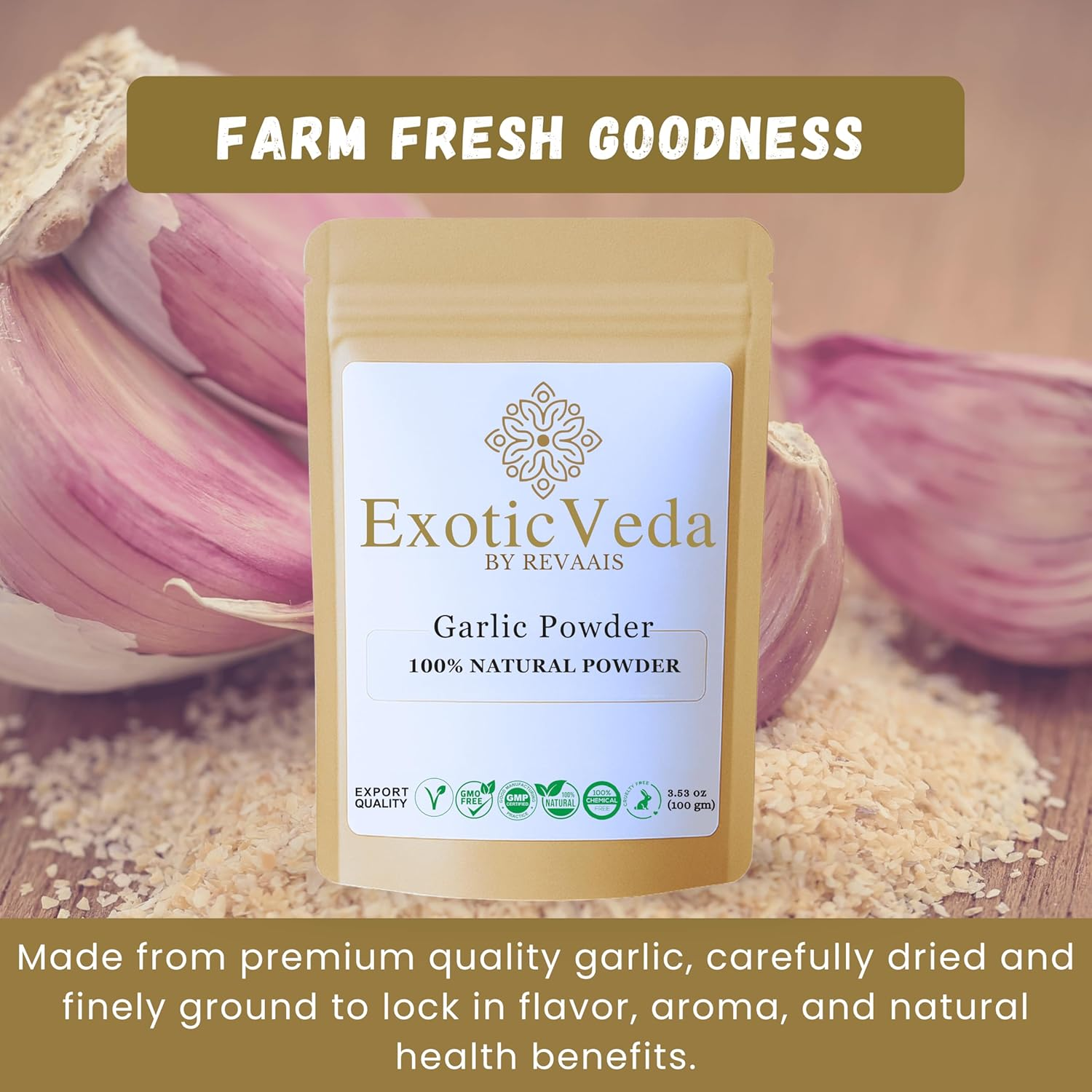 Exotic Veda Garlic Powder | 100% Pure & Natural | Garlic Seasoning for Flavor Vegetables, Grilled Sandwiches, Salads, Dressings and More| Multipurpose Use in Your Food| No Additives, No Preservatives | 100G Pack image number 3