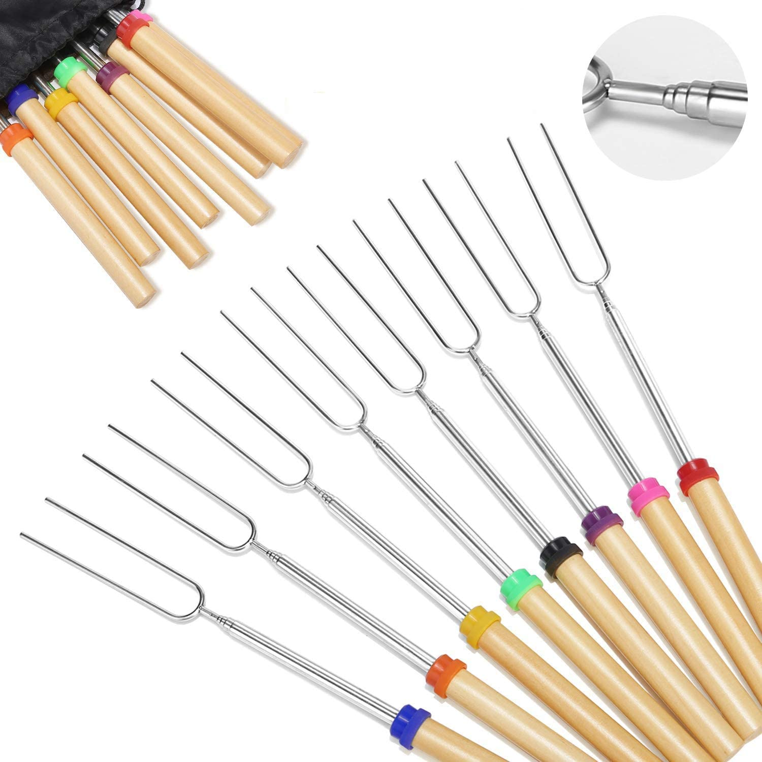 Marshmallow Roasting Sticks with Wooden Handle Extendable Forks Set of 8Pcs 32Inch Telescoping Marshmallow Skewers Campfire Stove BBQ Tools image number 4