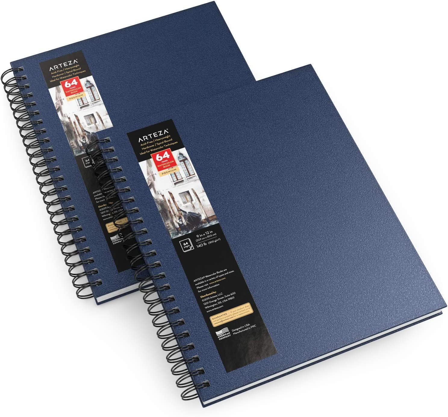 Arteza Watercolor Sketchbooks, 5.5X8.5-Inch, 3-Pack, Blue Hardcover Journal, 96 Sheets, 140Lb/300Gsm Watercolor Paper Pad, Spiral Bound Book for Watercolor, Gouache, Acrylics, Pencils, Wet & Dry Media