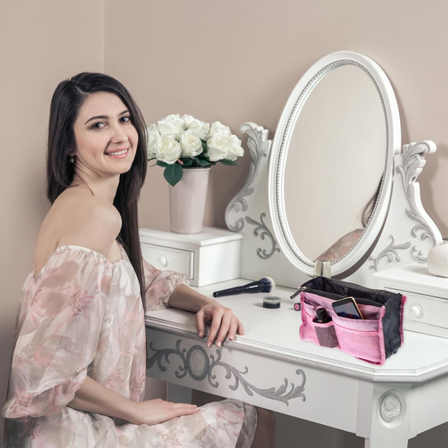 Sewroro Multi-Layer Portable Makeup Storage Bag Liner with Large Capacity and Multiple Pockets, Foldable Nylon Handbag Organizer for Travel and Outdoor Toiletry Use, Pink image number 4