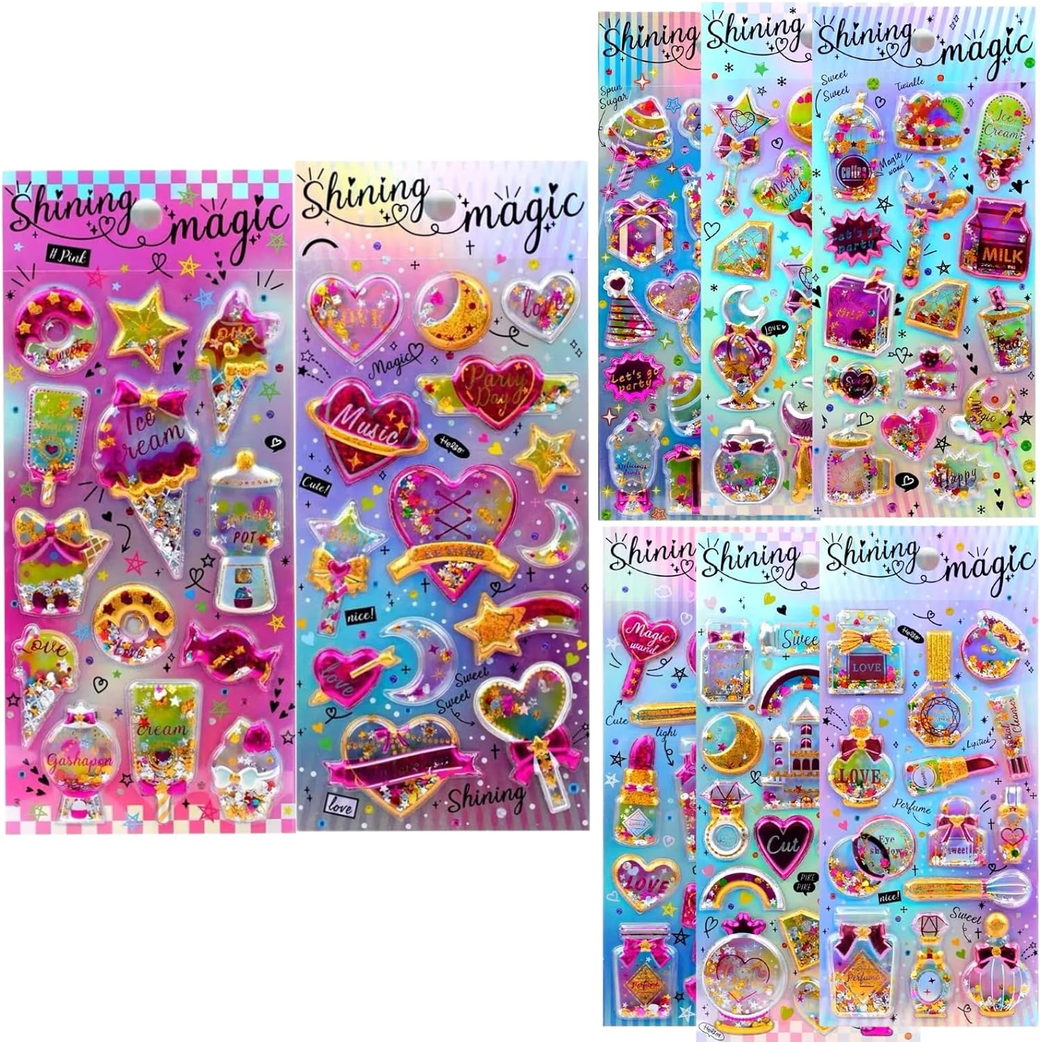 Kids Puffy Stickers for Girls, 120 PCS 3D Reward Stickers with Shaking Sequins,Party Favors with Cute Sparkly Gem for Birthday Gift image number 3