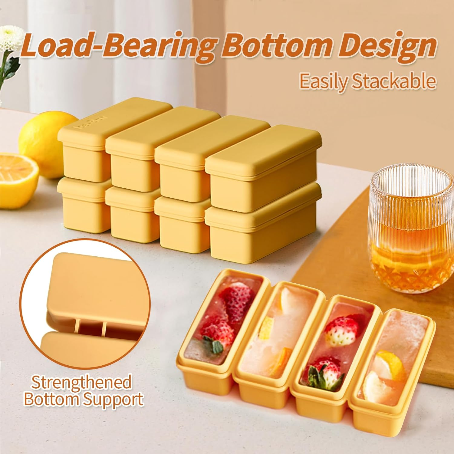 YARRAMATE 2 Pack Silicone Ice Cube Tray with Lid for Freezer, Premium Stackable Large Ice Cube Molds for Whiskey, Cocktails, Rectangle Silicone Molds for Soup, Butter, Baking,Easy Release(Orange) - Orange image number 6