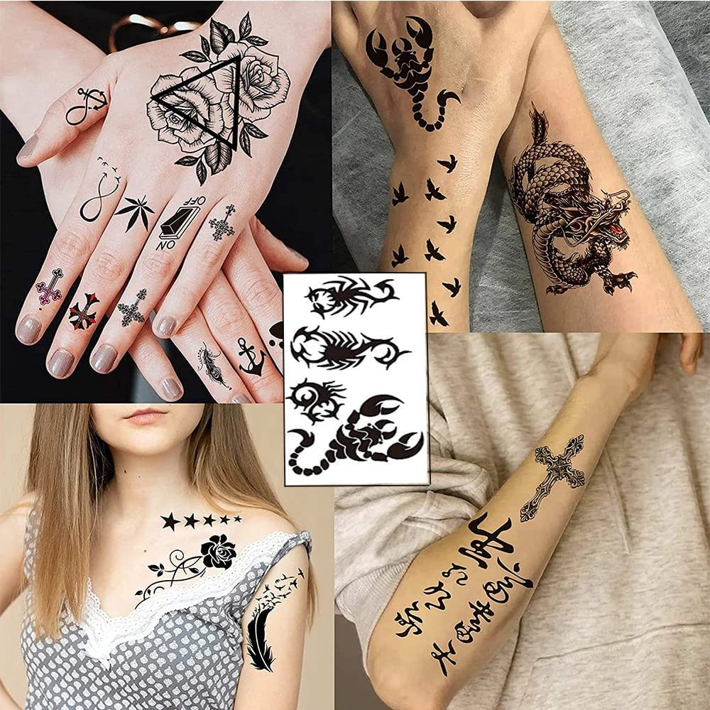 6 Sheets 3D Small Black Temporary Tattoos &ndash; Waterproof Fake Tattoo Stickers for Women, Men | Realistic Tiny Temporary Tattoos Stickers, Flower, Star, Birds Designs for Arms, Neck & Face image number 1