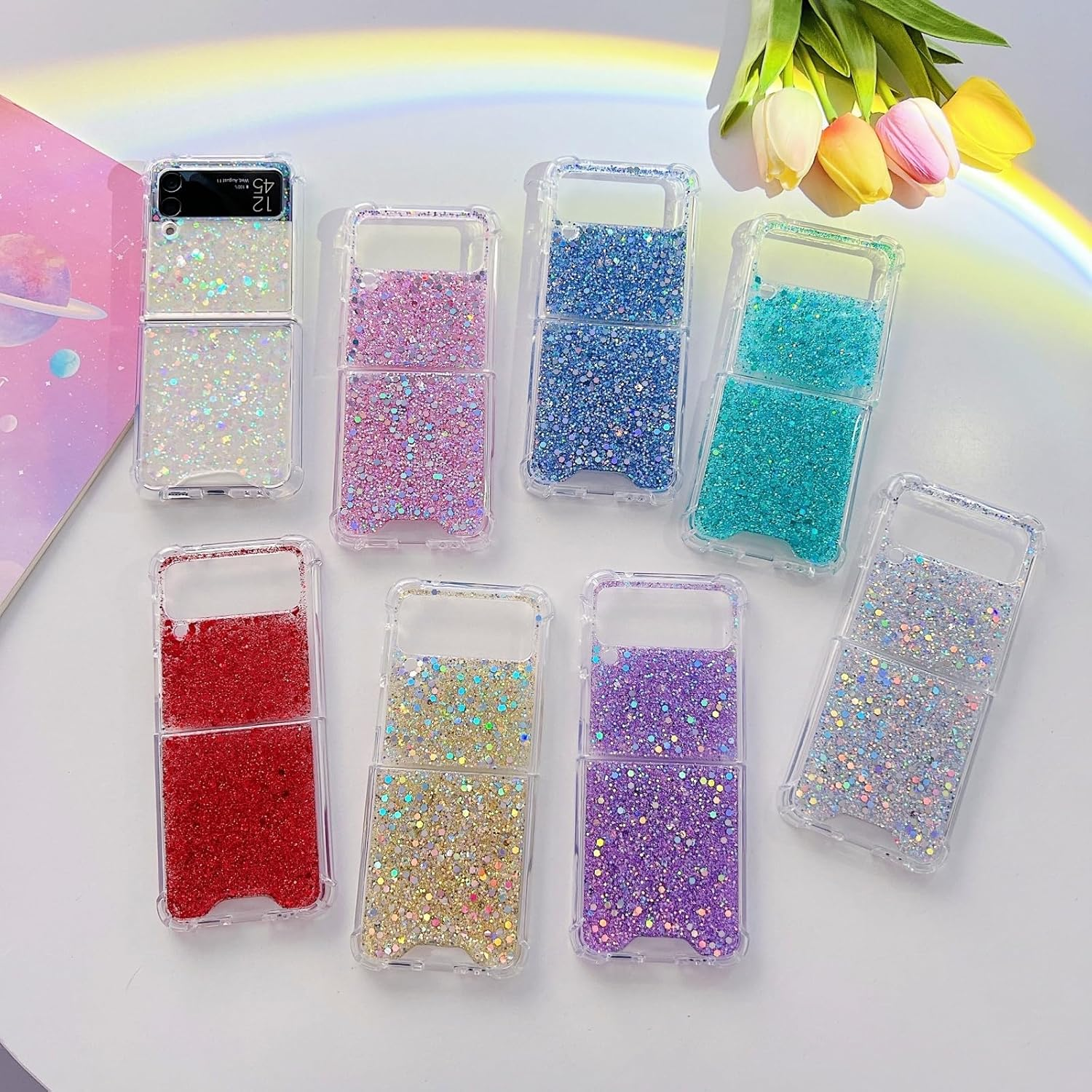 UEEBAI Case for Samsung Galaxy Z Flip 4 5G, Pretty Bling Glitter Case for Women Cute Shiny Sparkle Phone Case for Girls Bling Stars Cover Four Corner Shockproof Slim Fit Flip Case - Purple image number 2