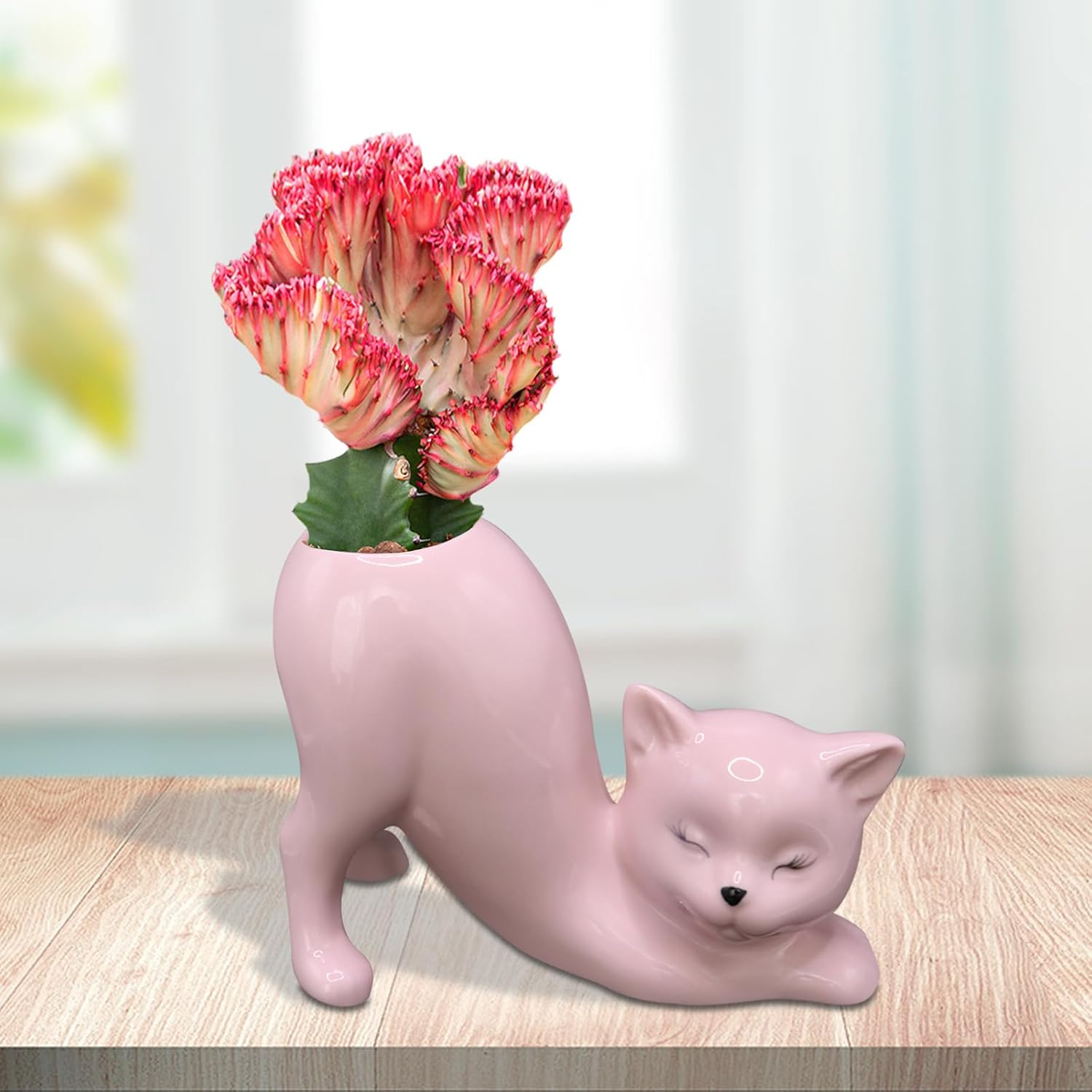 Tailless Cat Planter Pot, Unique Little Kitty Cactus Indoor Flower Pot, Ceramic Cute Animal Succulent Plant Pot, Novelty Flowerpot Ideal Gifts, Lovely Office Desk Room Home Decor (Pink)