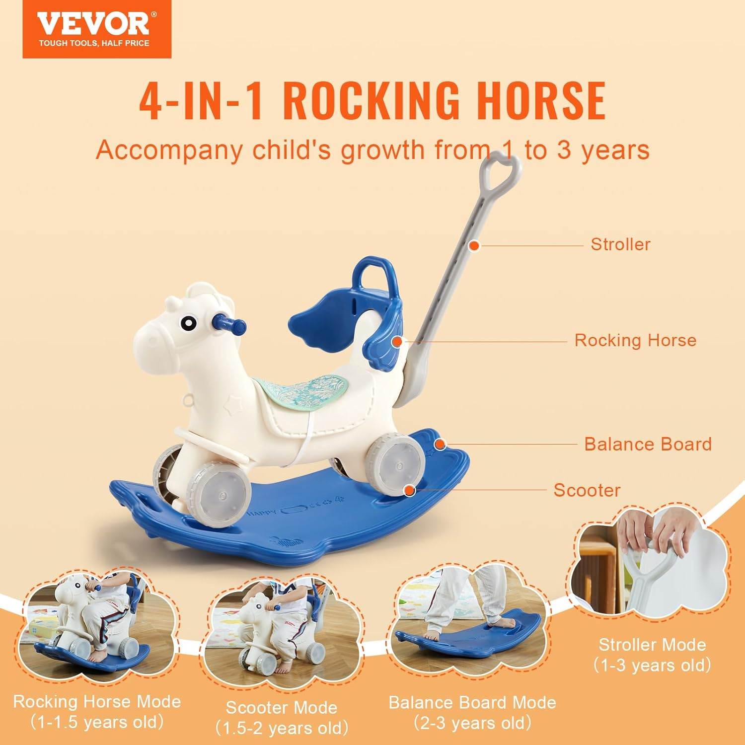 VEVOR 4 in 1 Rocking Horse for Toddlers 1-3 Years, Baby Rocking Horse with Detachable Balance Board, Push Handle and 4 Smooth Wheels, Support up to 80 Lbs HDPE Kids Ride on Toy with Sound, Blue image number 2