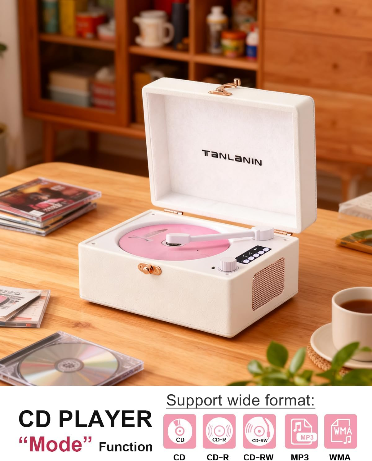 Vintage Desktop CD Player with Speakers, Rechargeable Battery, Portable Retro Suitcase CD Player for Home with Bluetooth Out & Input, USB Playback, Aux-In, Headphone Jack, White image number 5