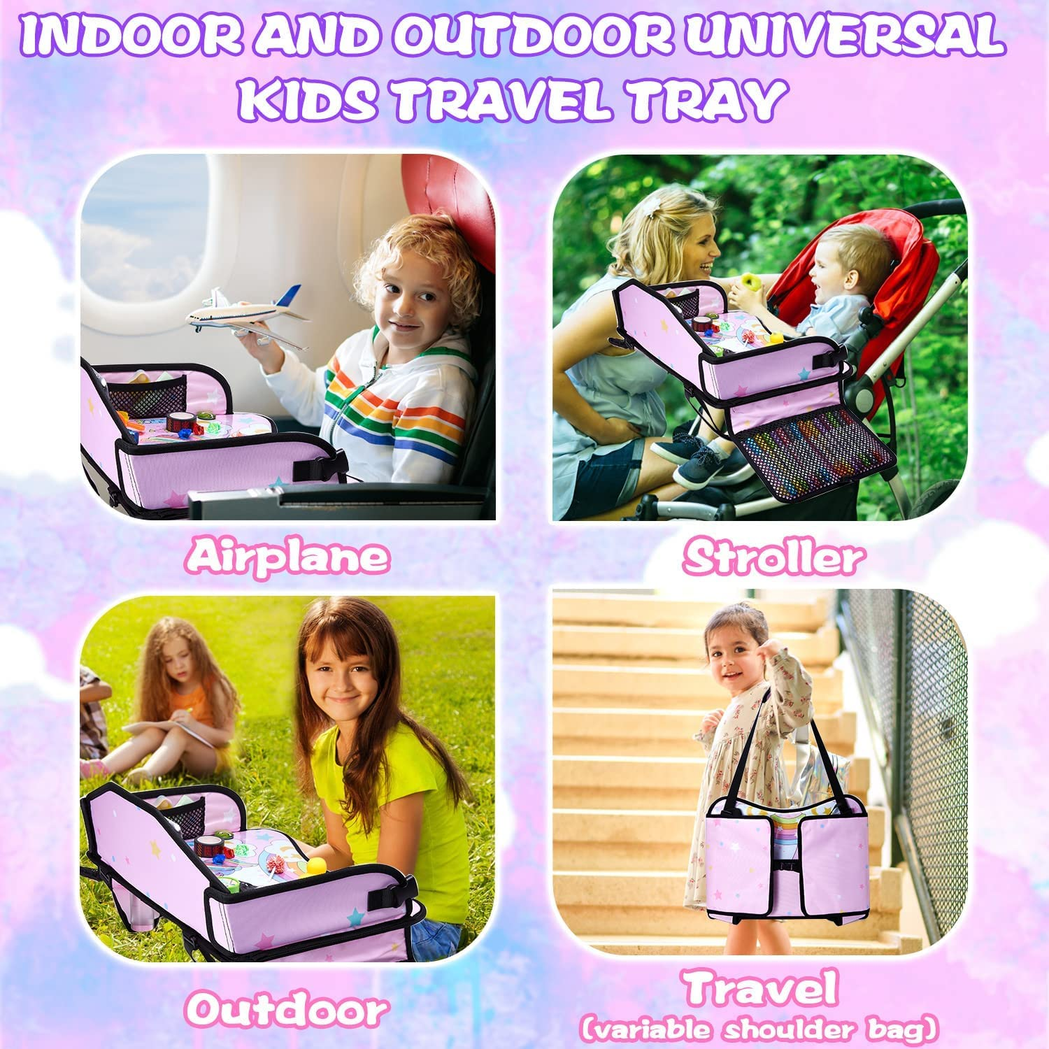 Lordap Kids Travel Tray for Toddler Car Seat,Toddler Car Seat Tray Organizer,Large Ipad Holder a Road Trip Essential,Soft Padding,Waterproof,Food & Snack Lap Tray Carseat,Stroller,High Chair (Pink) image number 4