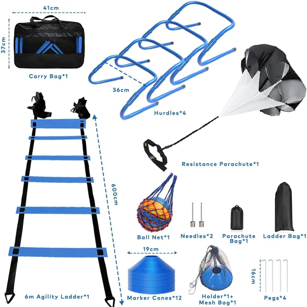 30PCS Agility Training Equipment Kit, Football Training Equipment, Speed Training Set for Kid Youth Adults,6M Agility Ladder,4 Hurdles,12 Soccer Cones,Resistance Parachute,Ball Net(Blue) image number 2