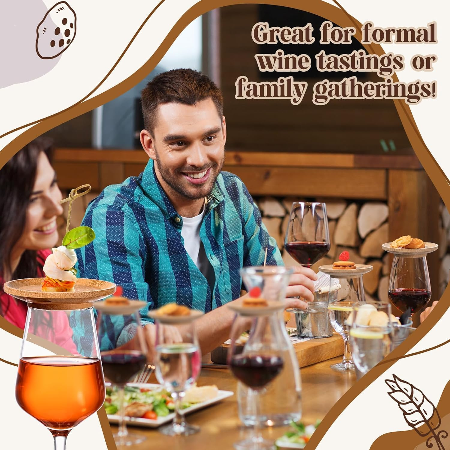 Cozioz 8-Piece 10 Cm Wine Glass Charcuterie Topper Set - Bamboo round Wine Glass Appetizer Plates for Dual Use at Family Gatherings, Bars, and Restaurants，Large image number 3